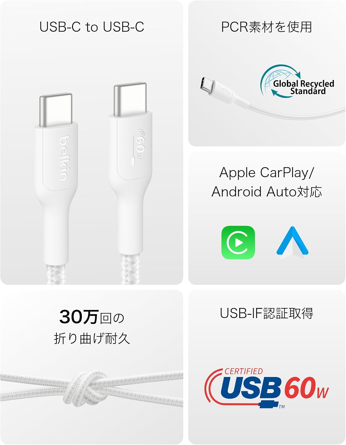 Detalle 2 de Belkin BoostCharge CAB024fq2MWH USB-C編組ケーブル 60W PD対応・2m・ホワイト