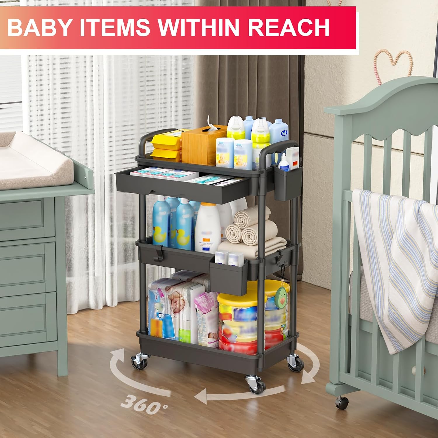 Thumbnail 5 de Goovilla GV-UC03B 3-Tier Rolling Utility Cart with Removable Drawer, Black