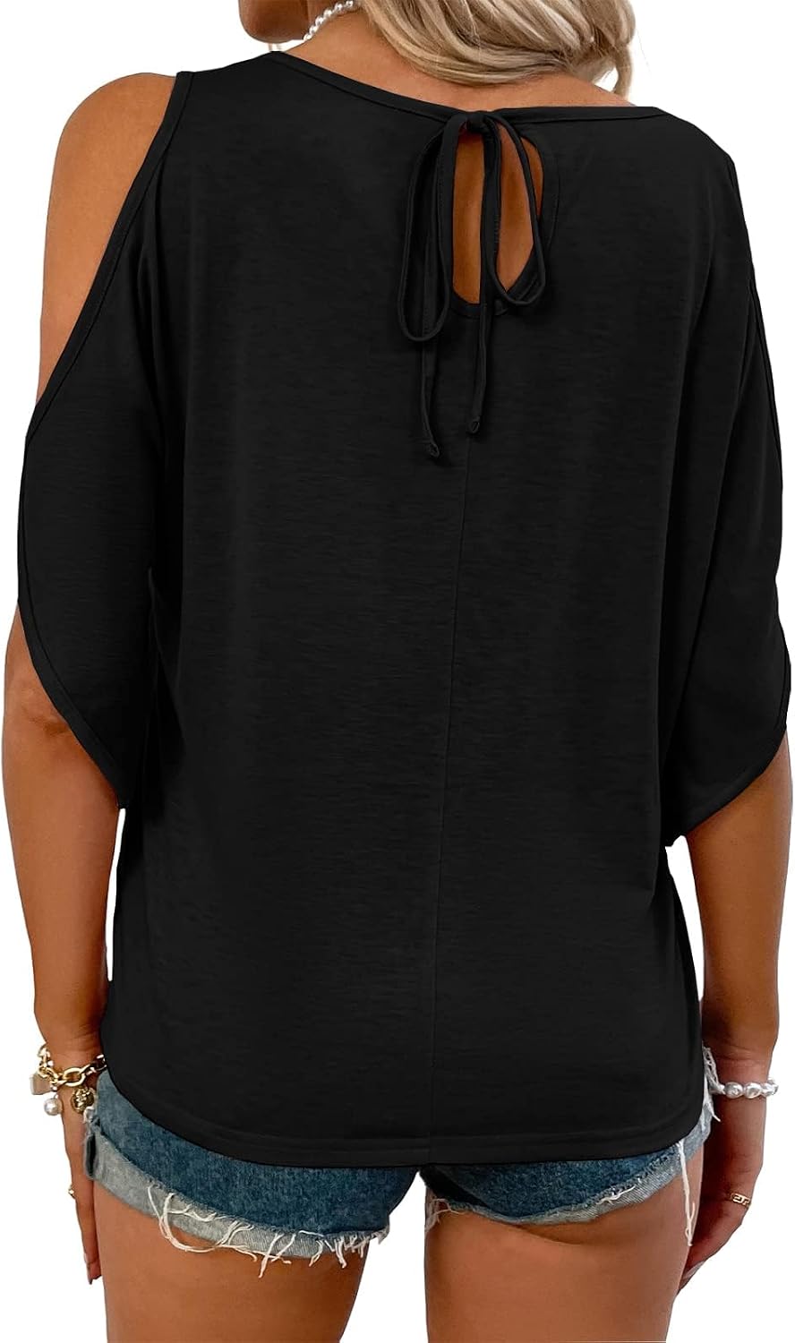 Detalle 2 de Fisoew Damen Sommer-Oberteil: Cold-Shoulder U-Ausschnitt, locker sitzend, kurze Ärmel