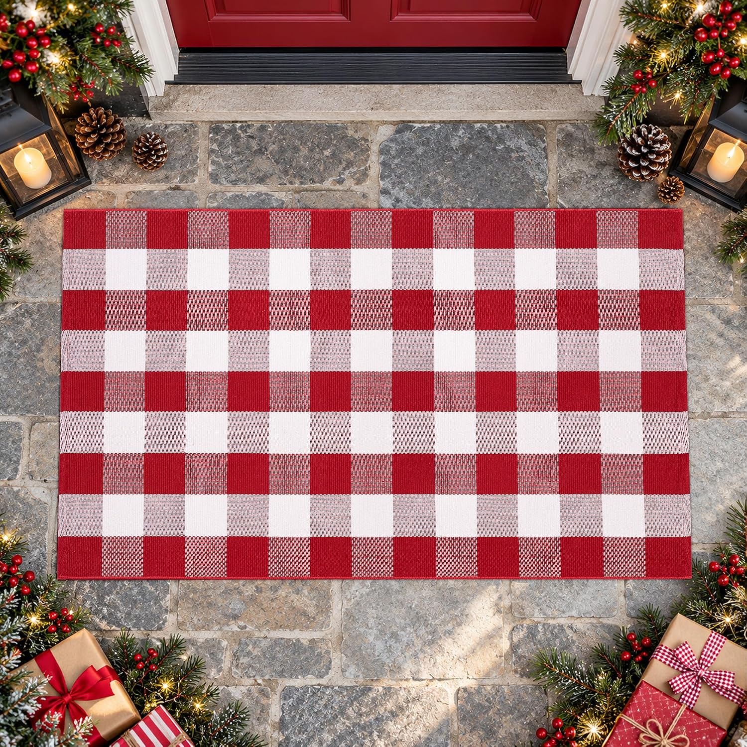 Detalle 2 de Homydecor 3' x 5' Christmas Plaid Door Mat, Reversible Cotton-Poly Flatweave