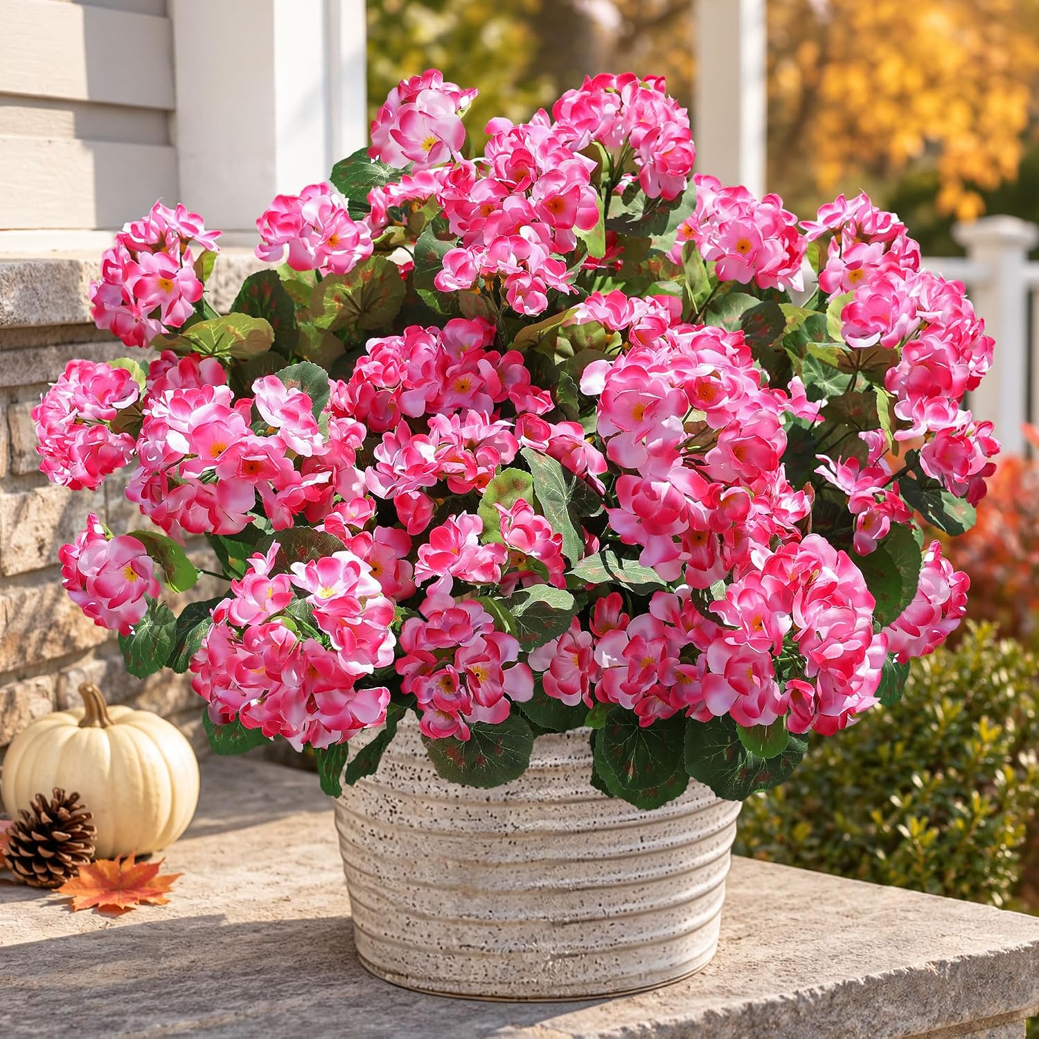 Thumbnail 6 de HyeFlora Artificial Geranium Fake Flowers (6 Bundles) for Outdoor Porch, Planters & Balconies