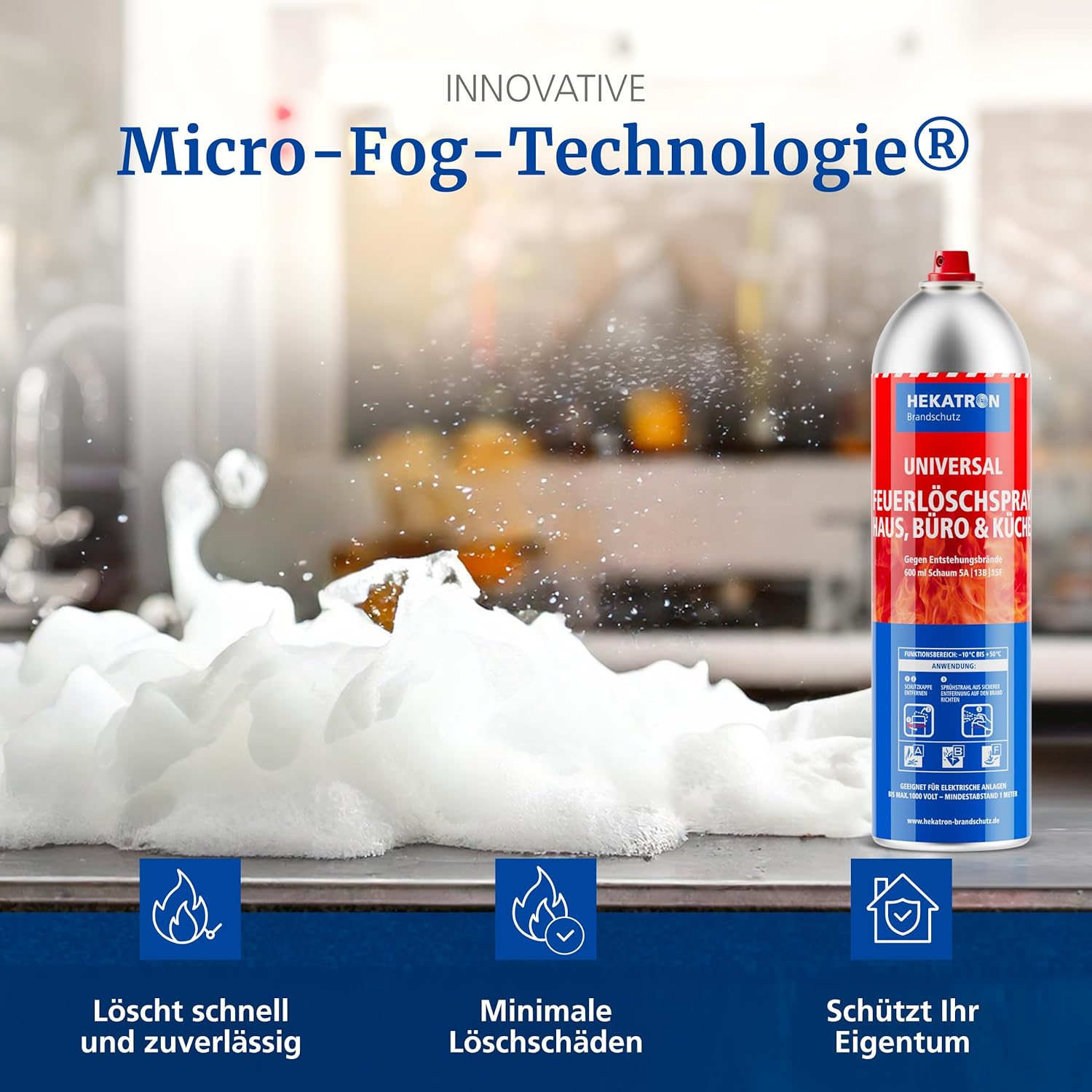 Detalle de Hekatron Feuerlöschspray 600 ml – Hochwirksames Schaumlöschmittel mit Micro-Fog-Technologie