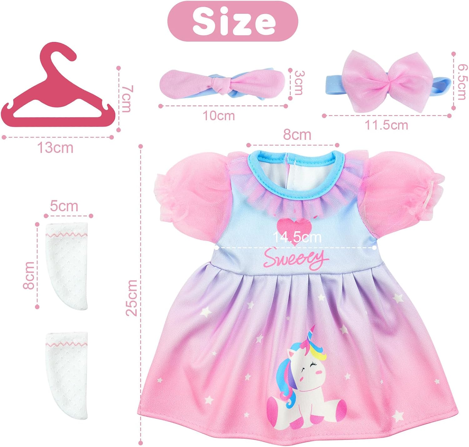 Detalle 2 de Aolso 4-pack baby doll clothes for 14–18 inch (35–45 cm) dolls – unicorn outfits with socks and hangers