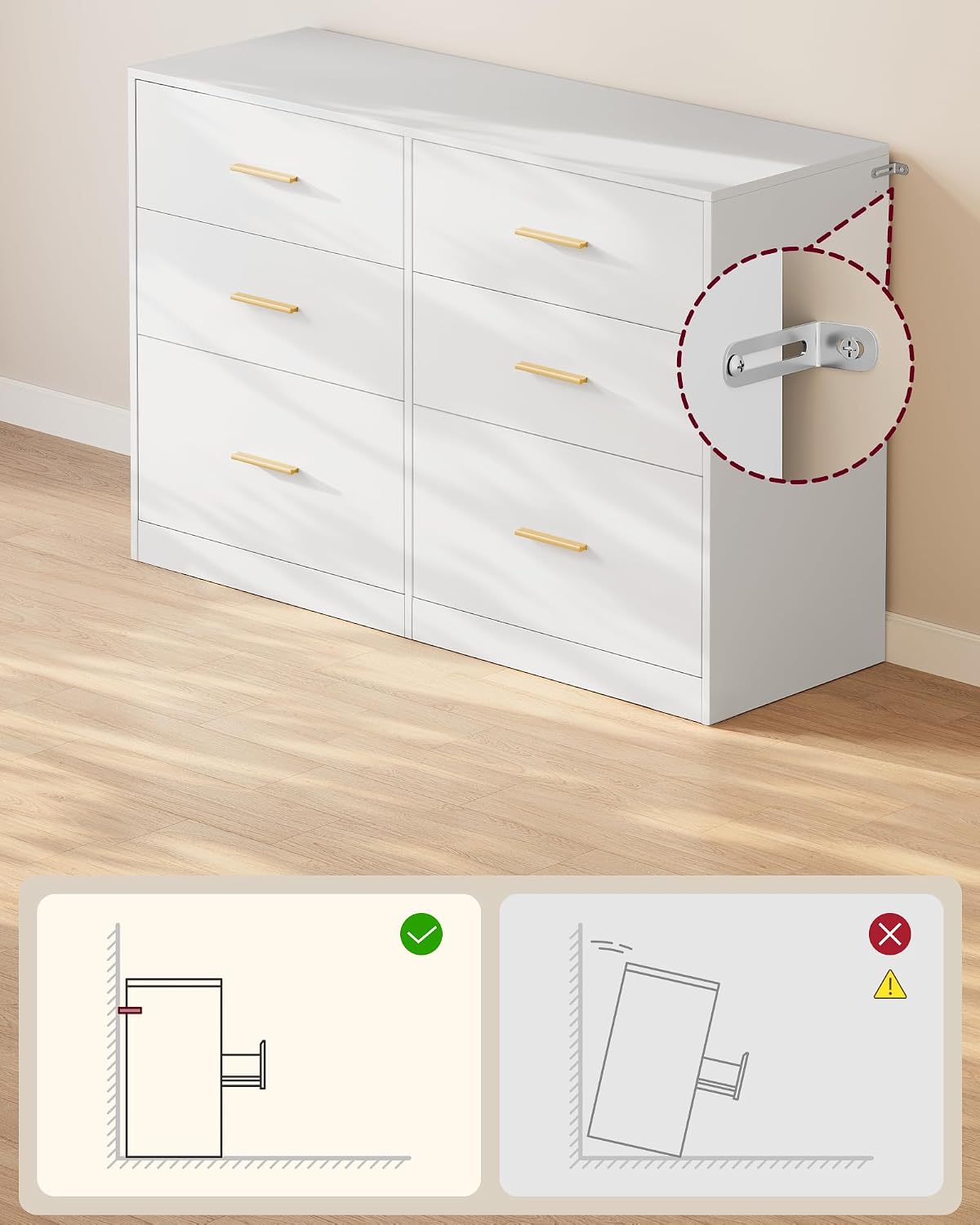 Detalle de VASAGLE LTS416WB01 Custos 6-Drawer Chest, Cloud White, 40 x 119 x 78 cm