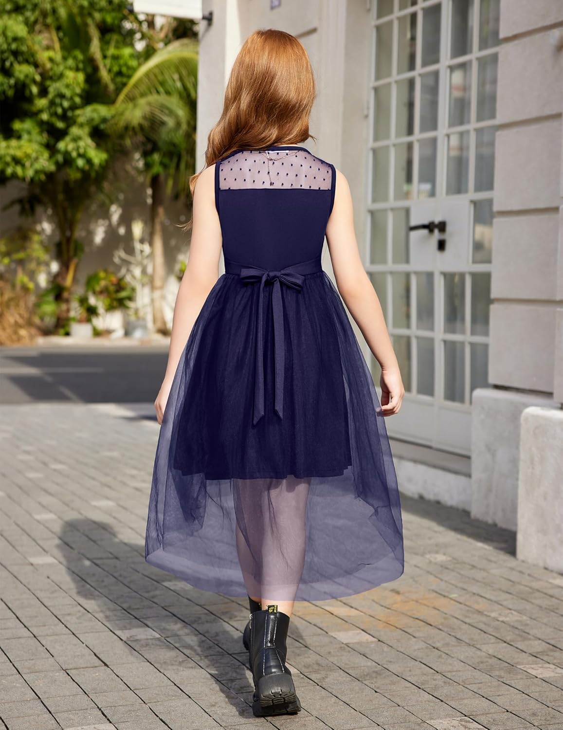 Detalle 2 de Arshiner Robe sans manches pour fille – Robe d'été en tulle avec ceinture et ourlet asymétrique (6–15 ans)