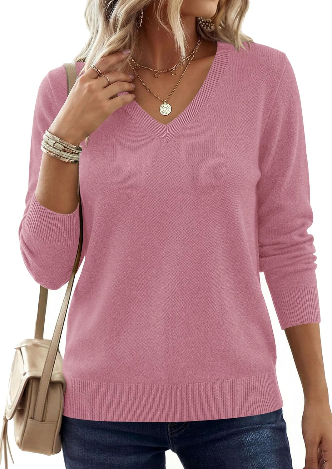 Detalle de PRETTYGARDEN Women’s V-Neck Knit Sweater, Loose Fit, Long Sleeves, Ribbed