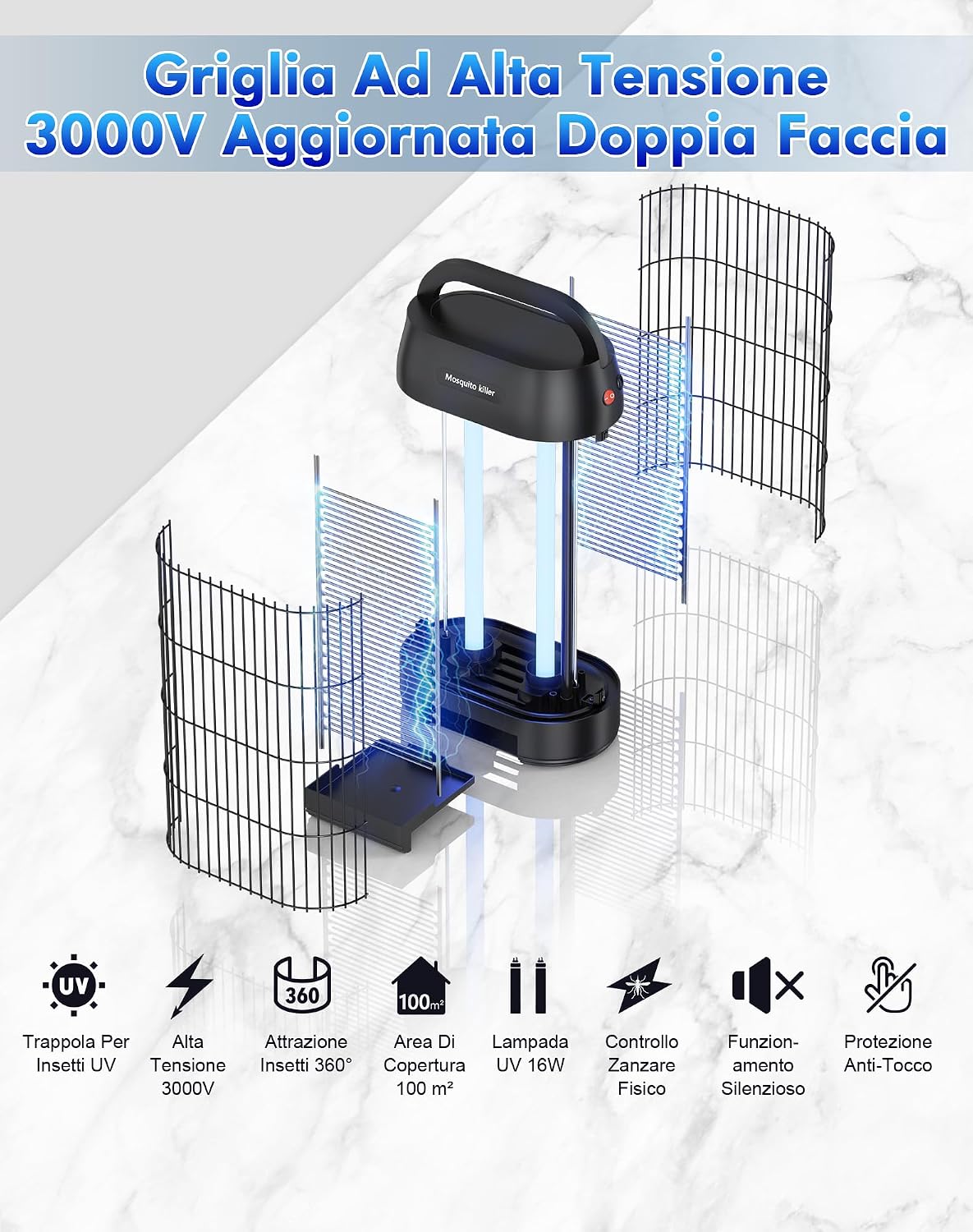 Detalle de Zanzariera Elettrica 16W 3000V con Gancio Portatile, Lampada Antizanzare UV, Nero-02