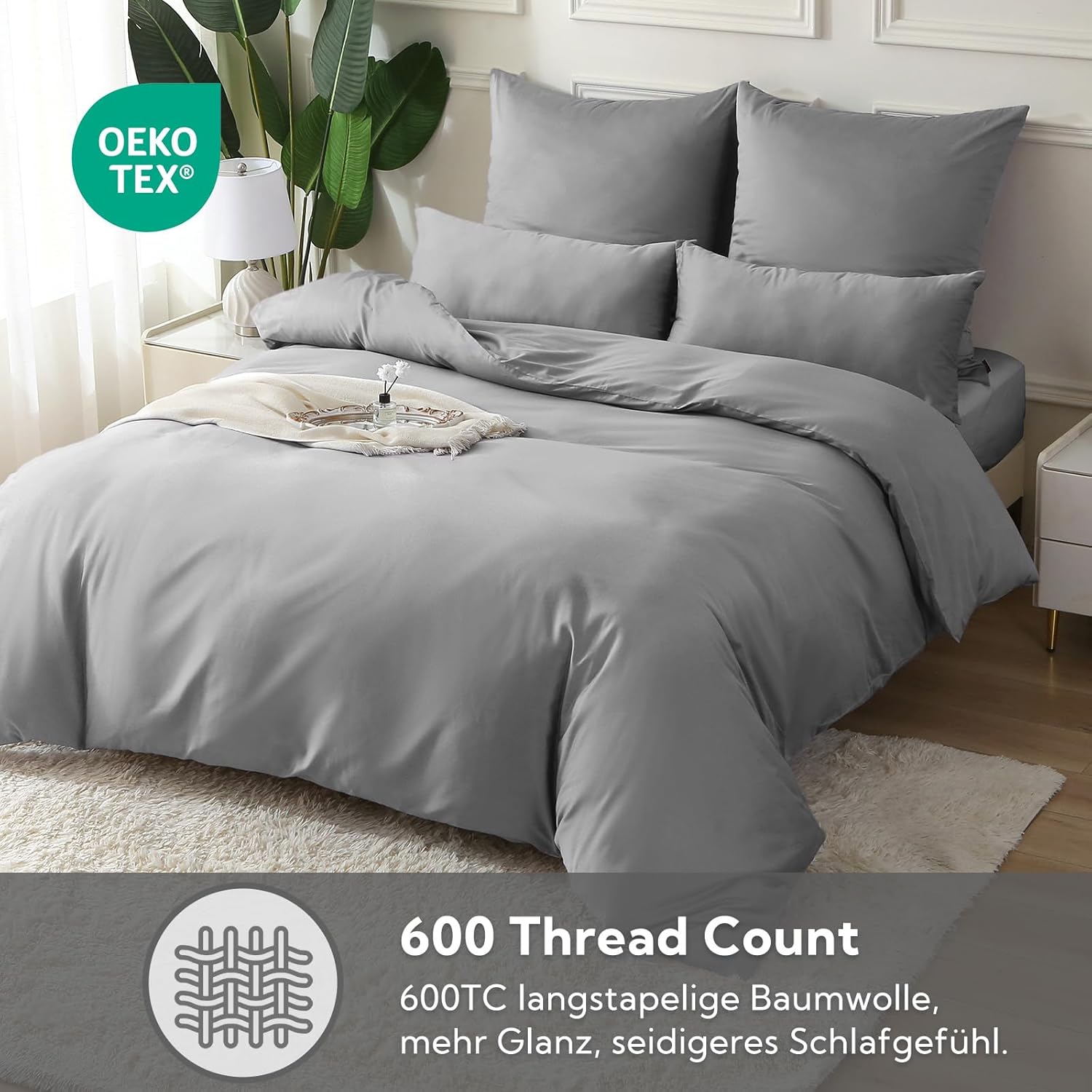 Thumbnail 3 de SOULFUL Satin Kissenbezug 40x80 (2-teilig) aus Baumwolle, mit Reißverschluss – dunkelgrau, OEKO-TEX Standard 100