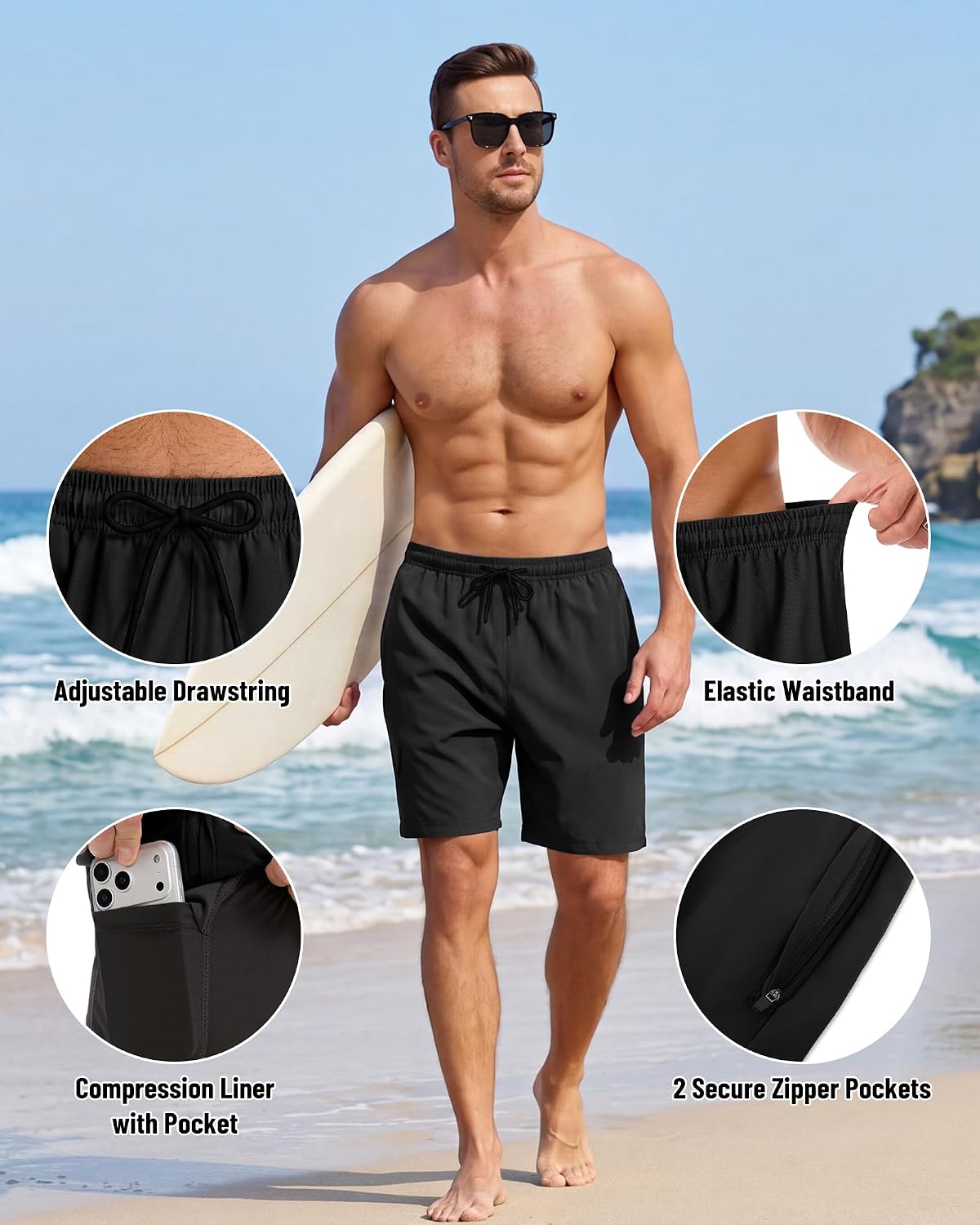 Detalle de YUTYTH Mens Swim Shorts with Compression Liner – 2 in 1 Quick-Dry Board Shorts