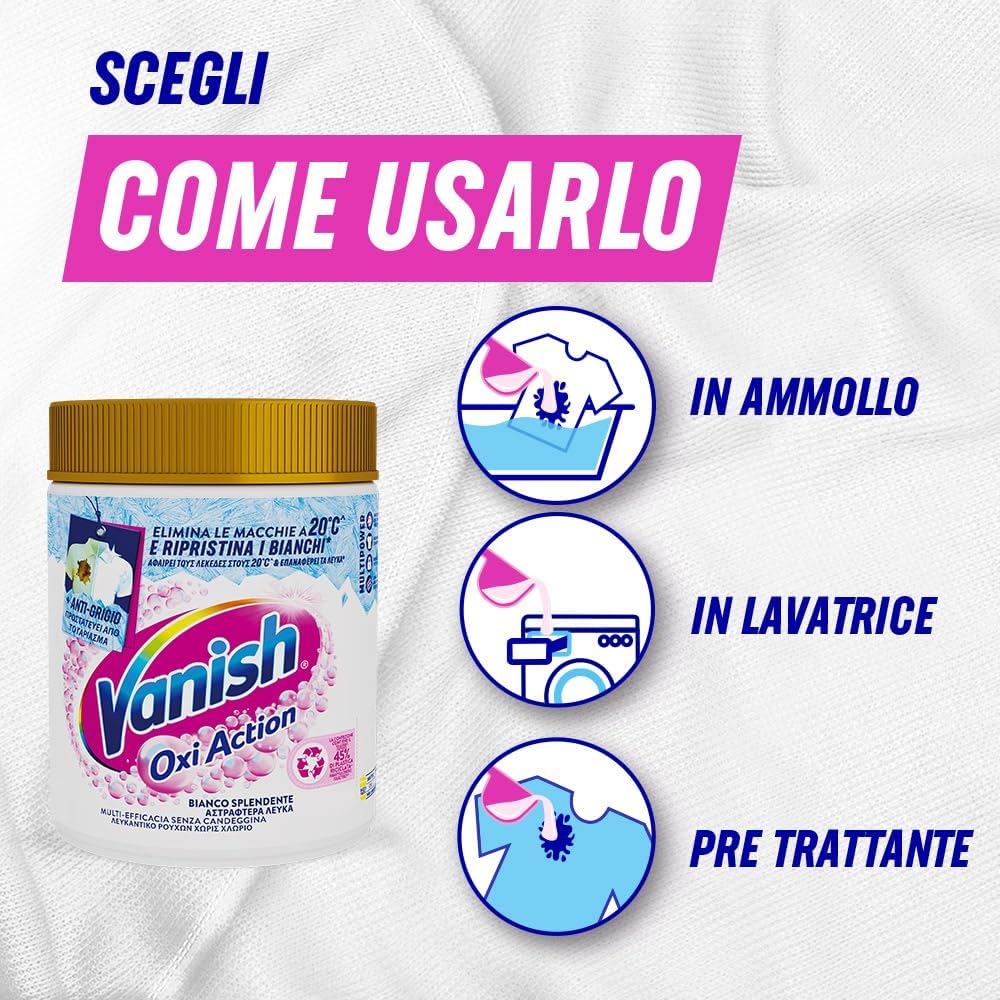 Detalle de Vanish Oxi Action Multipower Polvere Bianco Splendente – smacchiatore per capi bianchi in lavatrice e ammollo, 3 confezioni da 500 g