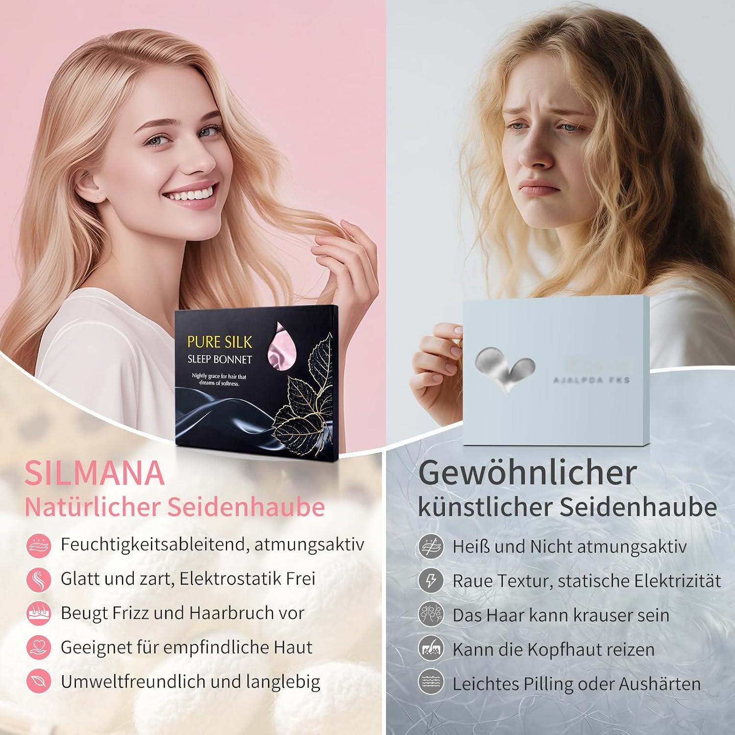 Detalle de SILMANA Seidenhaube zum Schlafen – 100% Maulbeerseide, 22 Momme, doppellagig, rosa