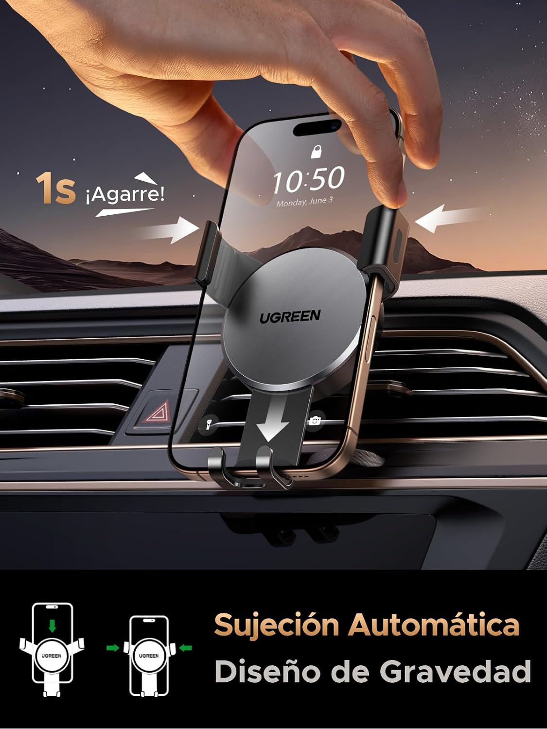 Detalle 2 de UGREEN Soporte móvil coche por gravedad 11 mm