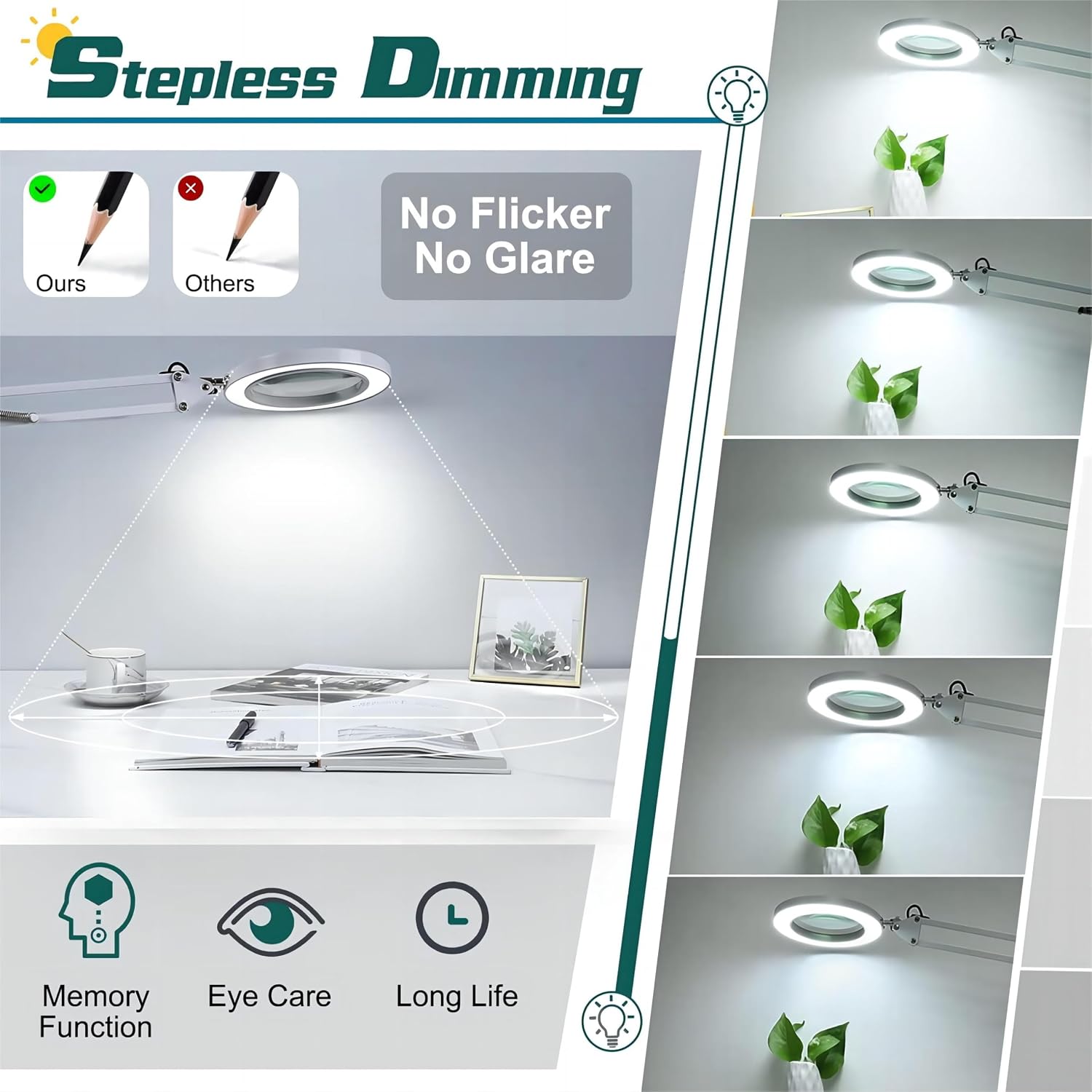 Detalle 2 de Lampada con lente di ingrandimento Kevsuvqin 10x con luce e morsetto, braccio orientabile, 3 modalità colore