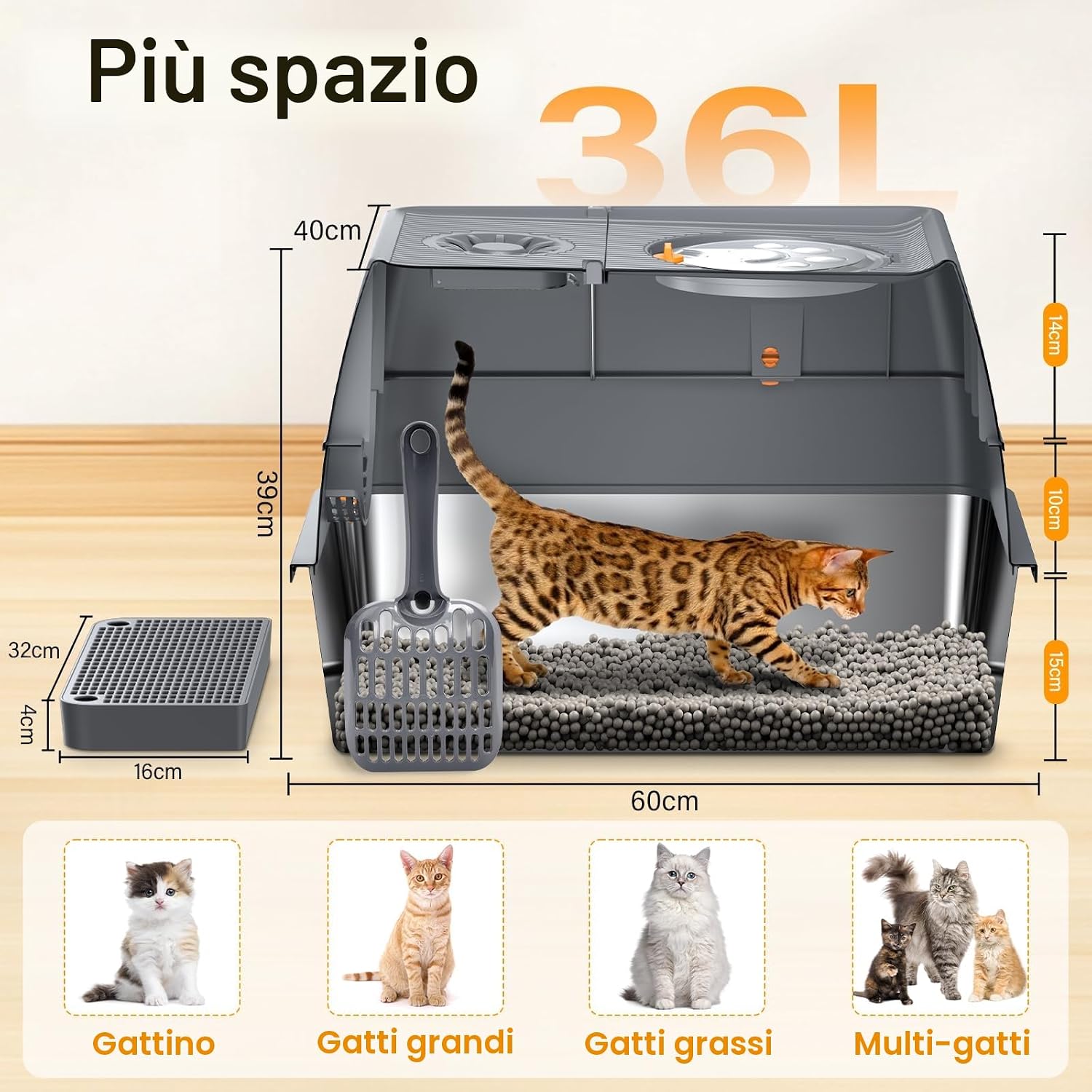 Thumbnail 1 de QEANY lettiera per gatti in acciaio inox XXL con coperchio 60 x 40 x 39 cm, grande e chiusa (con pala e tappetino)