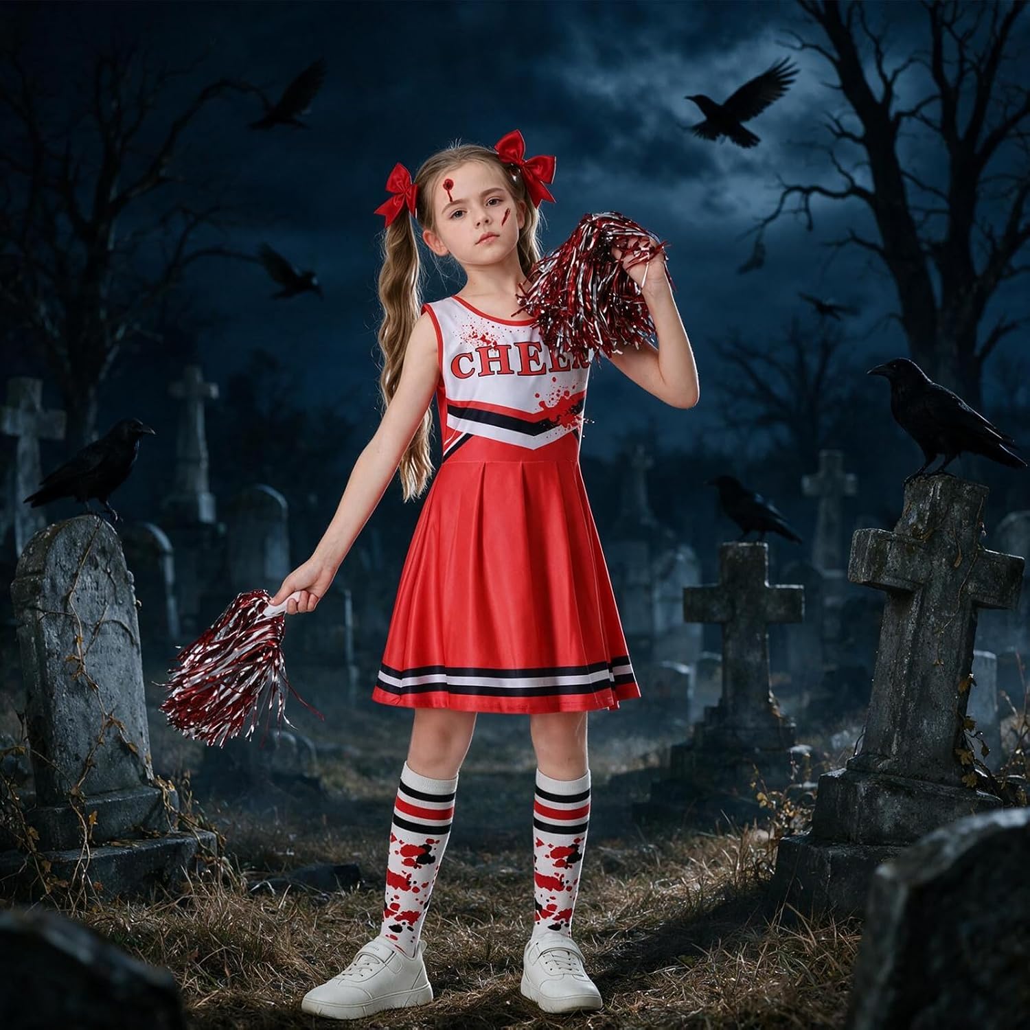 Thumbnail 4 de Mystery Code zombie-cheerleaderkostuum voor kinderen, rood, 7-9 jaar