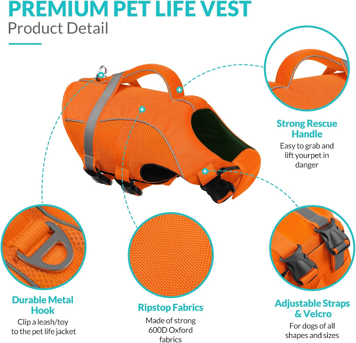 Detalle de Queenmore Giubbotto Salvagente Cane con Maniglia di Salvataggio – Taglie XS–2XL, Arancione, per Bassotto, Bulldog Francese, Staffordshire Terrier