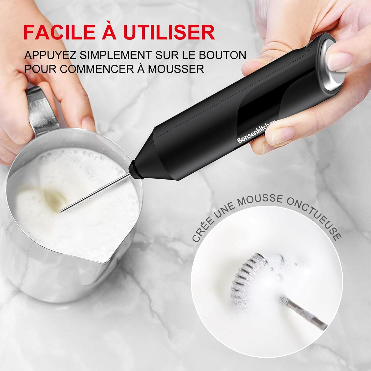 Thumbnail 2 de Bonsenkitchen Mousseur à Lait Électrique en Acier Inoxydable — Portable, 2 piles AA