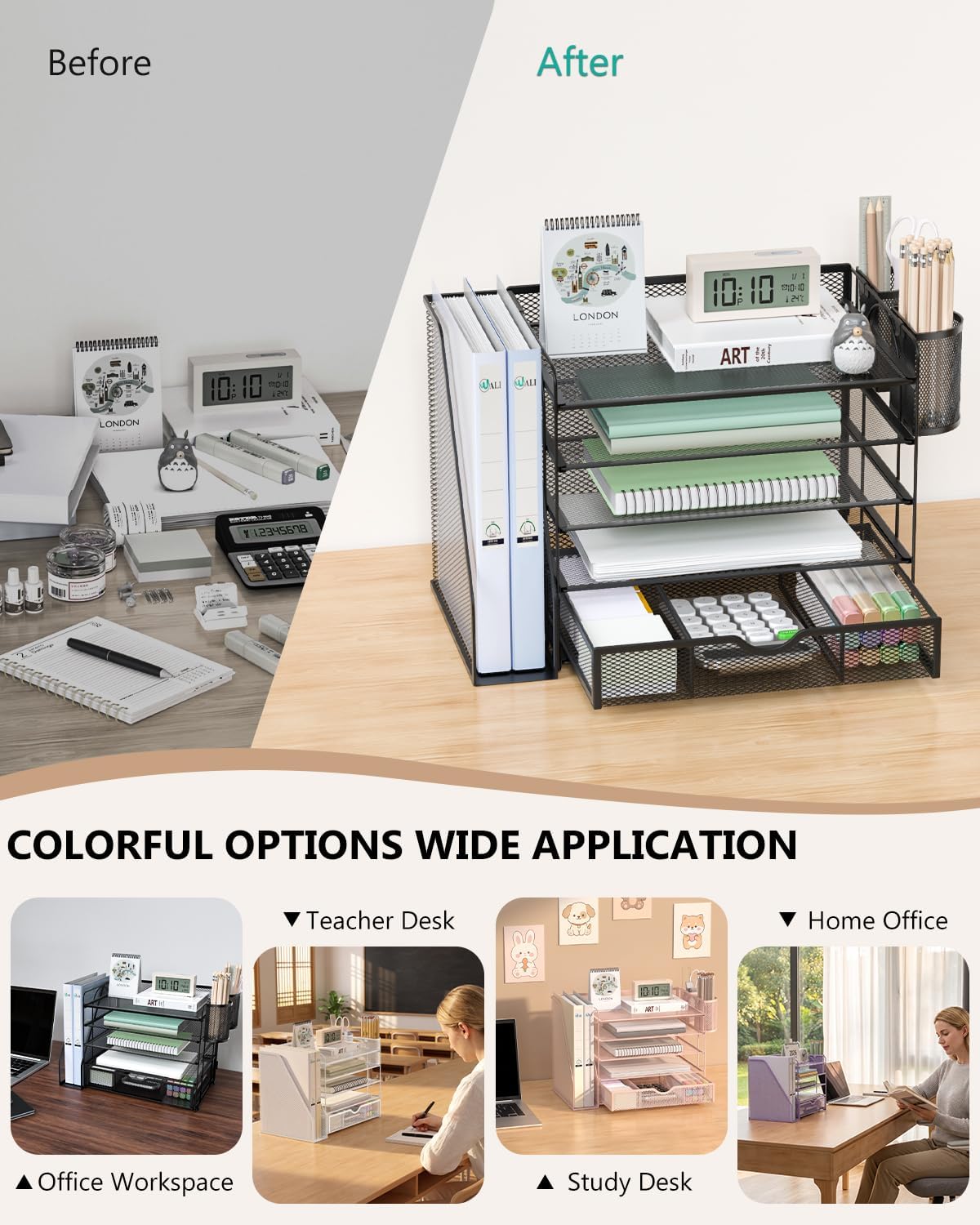 Detalle de WALI DO006DH-B 5-Tier Desk File Organizer with Drawer and Pen Holders