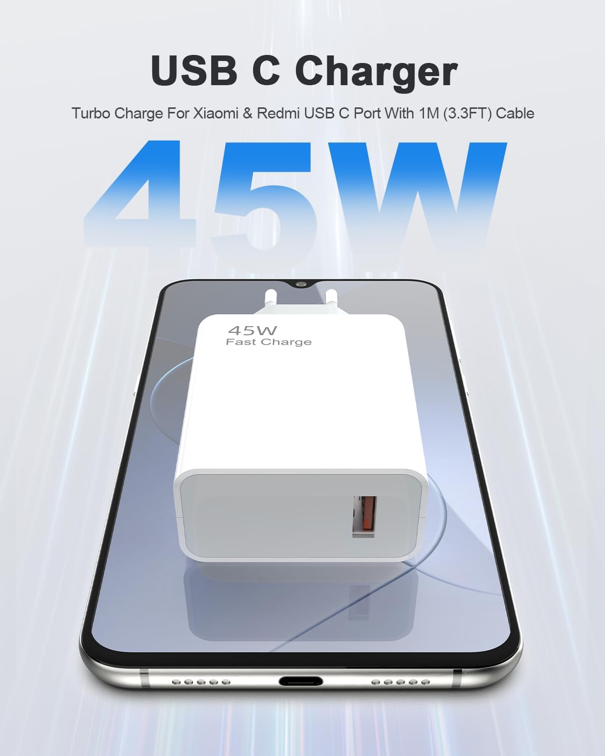Detalle 2 de Jippofu Caricabatterie USB-C 45W: ricarica rapida per Xiaomi e Redmi (1 m, 100–240 V)
