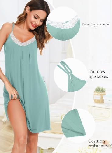 Detalle 2 de Lovasy Camisón de Mujer Verano en Encaje con Tirantes Ajustables – Verde Claro, XL