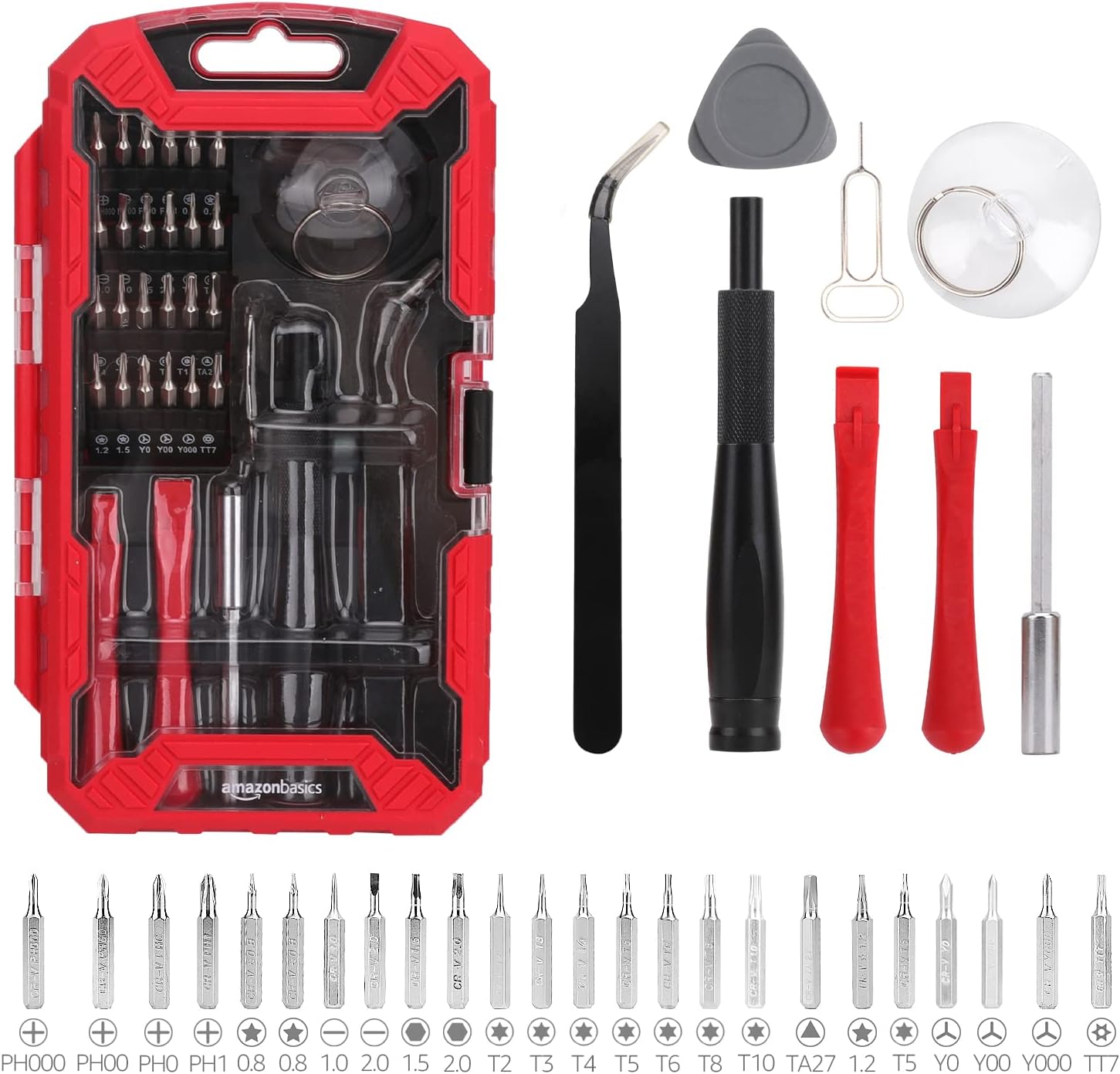 Detalle de Amazon Basics 32-Piece Electronics Repair Screwdriver Set, Red