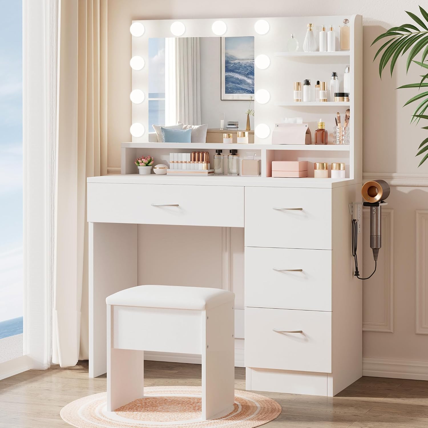 LIVELYGLOW RXUS-NDZK-White Makeup Vanity Desk with 10 LED Bulbs and 4 Drawers