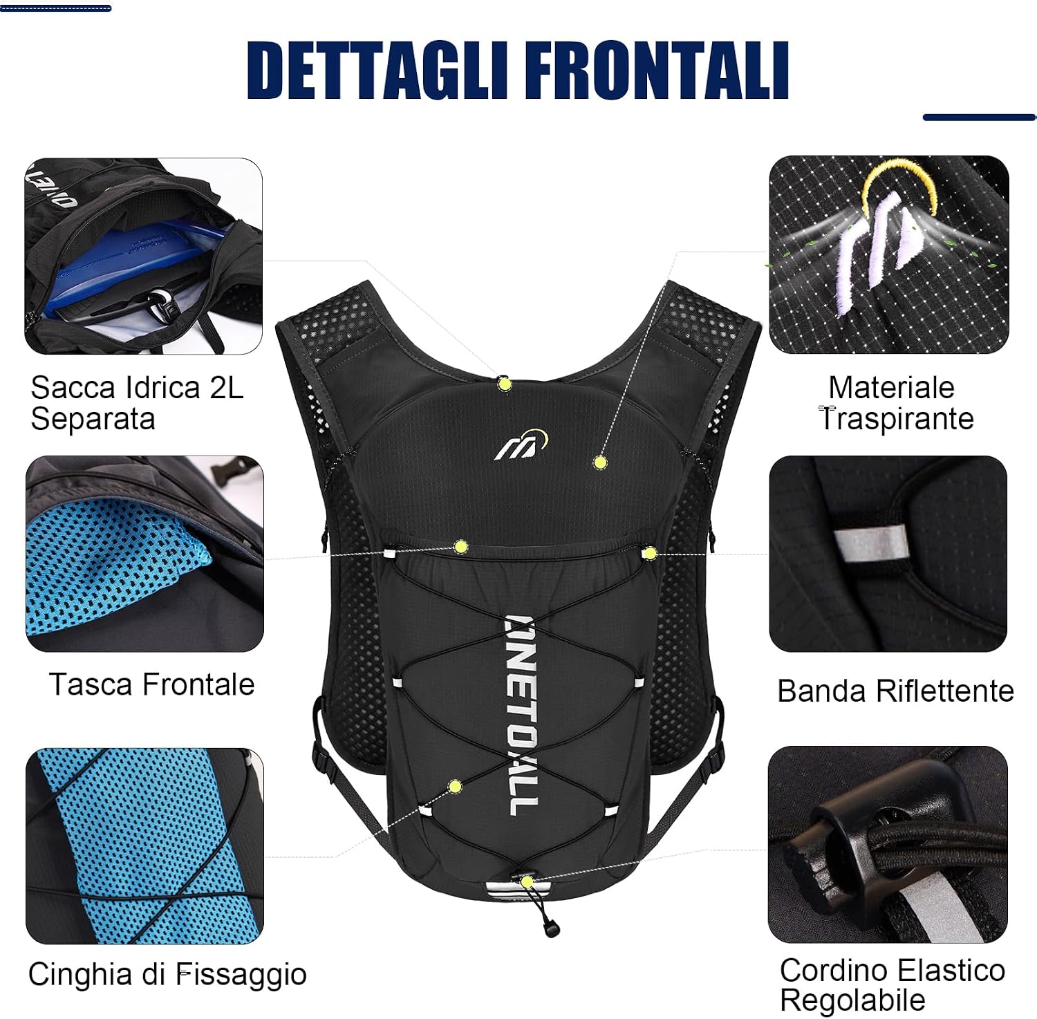 Detalle de ONETOALL Zaino Trail Running: Gilet Running con borraccia 500 ml e sacca idrica 2L, ultraleggero 150 g