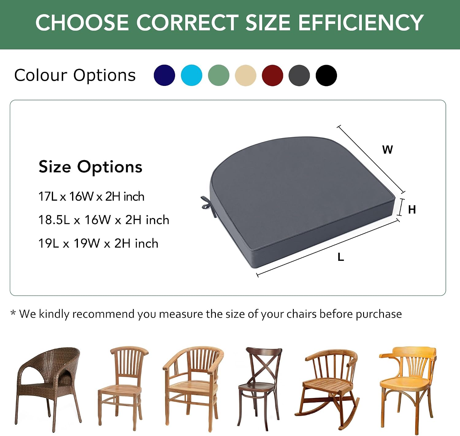 Detalle 2 de Summsun D-Shape Outdoor Chair Cushions, 17 x 16 Inch, Dark Gray, Set of 4