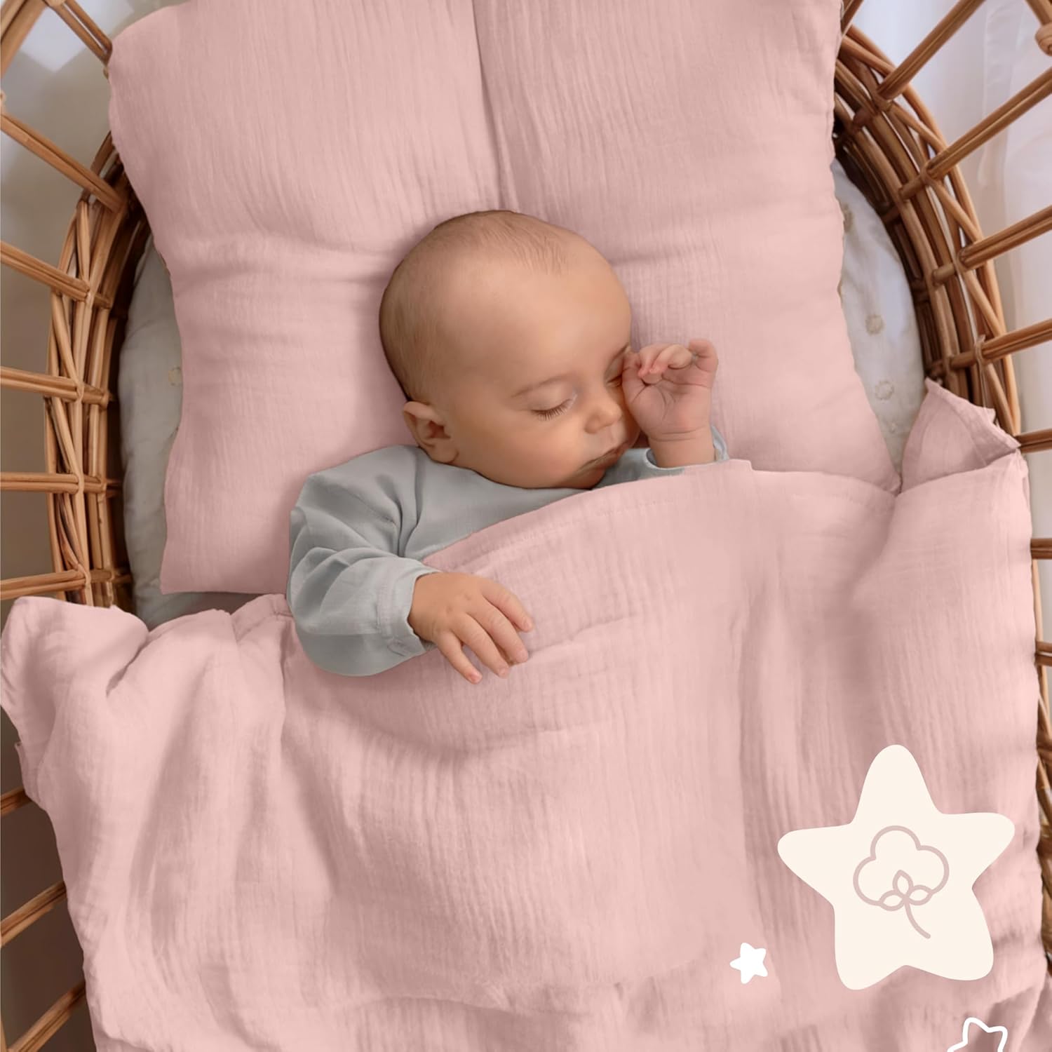 Detalle de Dreamzie Baby Bettwäsche Musselin 80x80 cm + Kissenbezug 35x40 cm – 100% Baumwolle, OEKO-TEX, Rosa