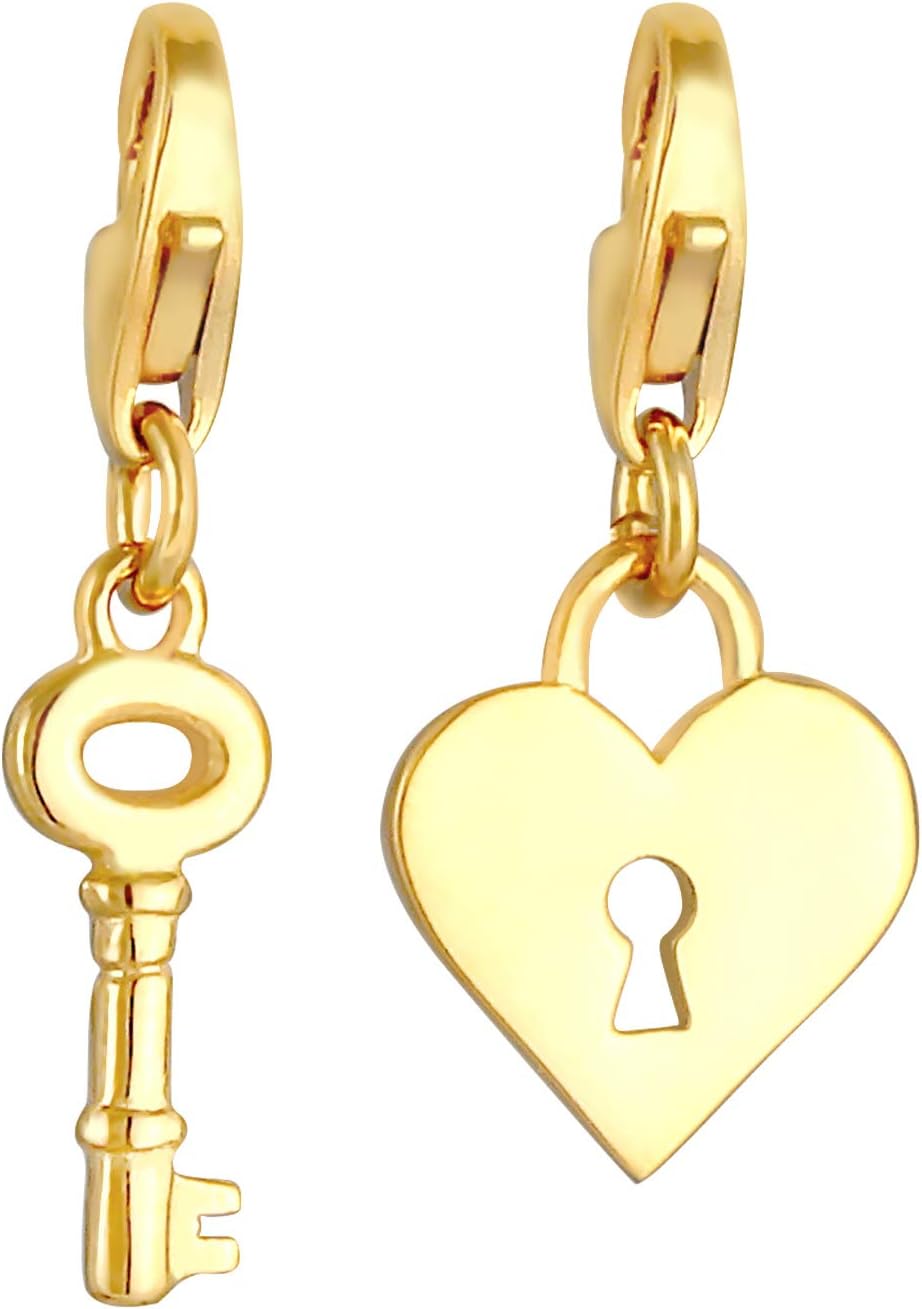 Detalle de Nenalina Schlüssel & Schloss Charm Anhänger aus 925 Sterling Silber vergoldet für Damen (Herz-Schloss, mit Karabiner)