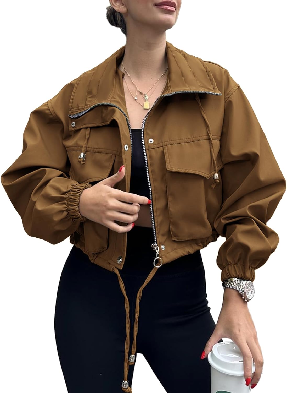 Detalle 2 de Tankaneo Womens Cropped Jacket Zip Up Lightweight Oversized Utility Anorak Coat with Pockets