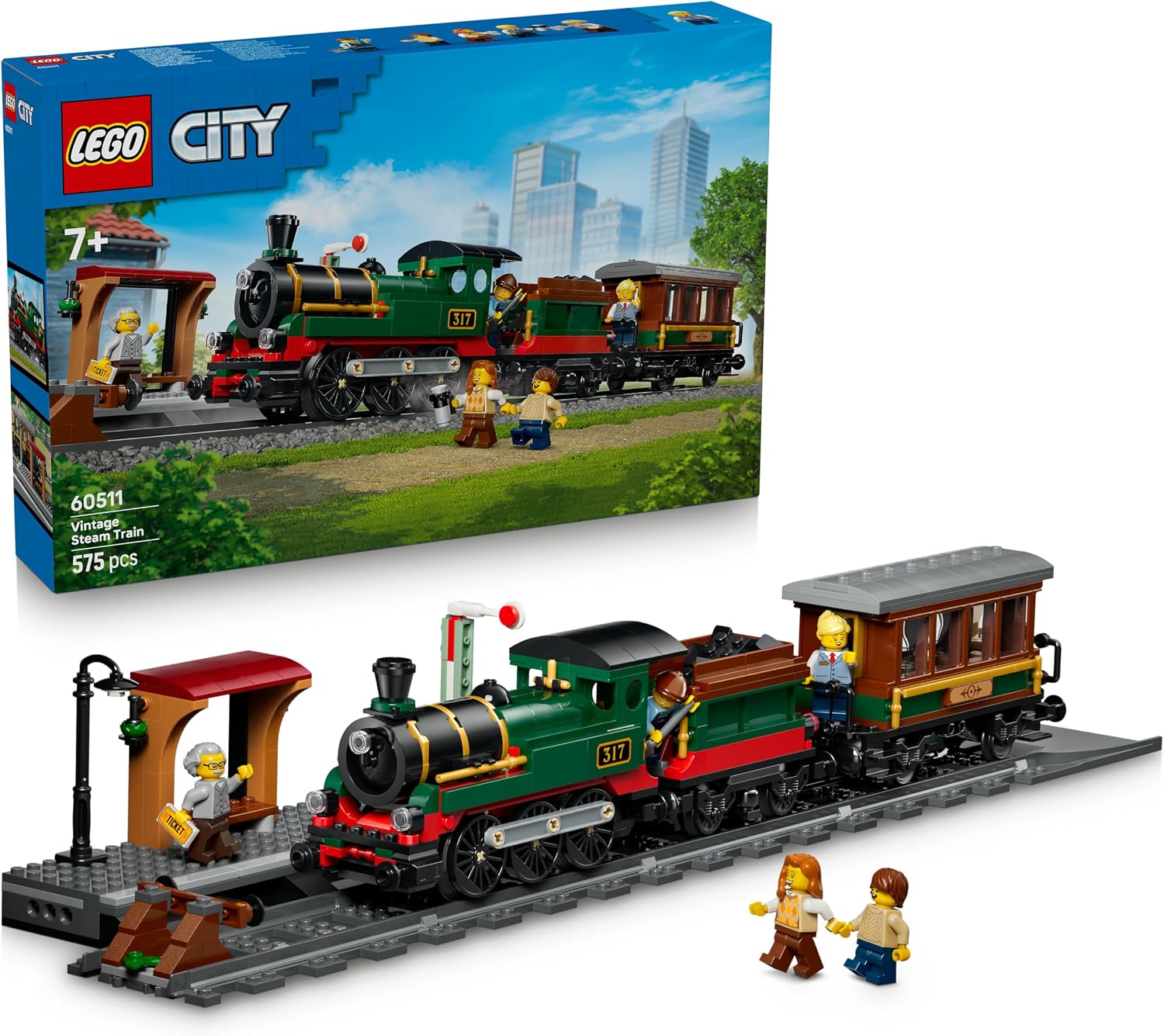 Detalle de LEGO City Klassischer Dampfzug Spielzeug 60511 – STEM-Modellbauset mit Bahnhof, Schienen, Führerstand Steuerung, Haltesignal und 5 Minifiguren