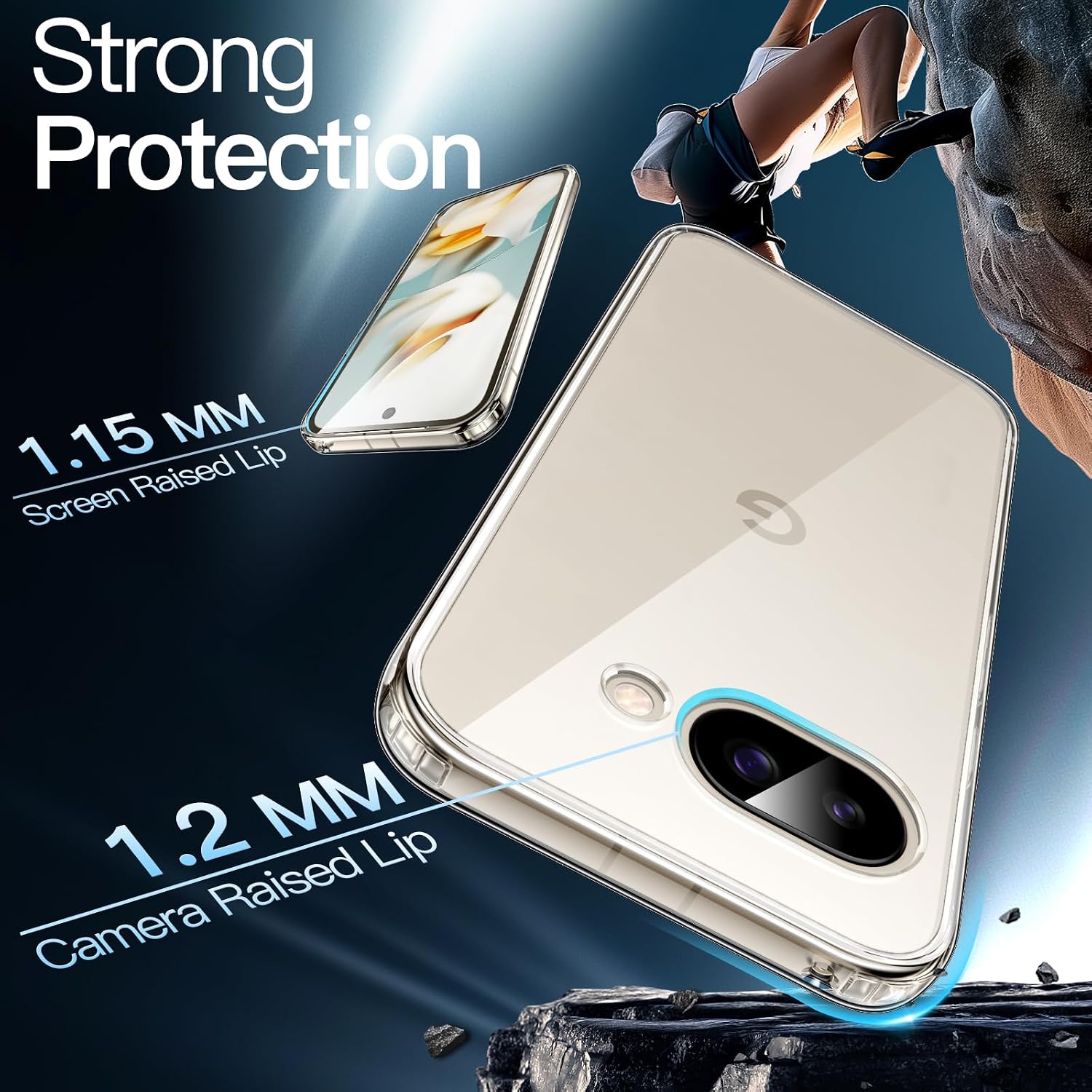 Detalle de JETech transparante beschermhoes voor Google Pixel 9a met TPU-bumper en PC-achterkant
