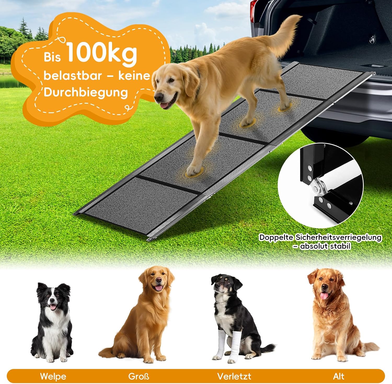 Detalle de Hunderampe Auto Klappbar aus Aluminium, bis 100 kg belastbar – 170 x 44 cm, rutschfeste Teppichoberfläche