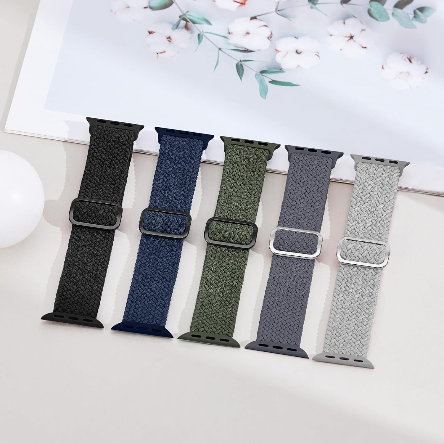 Detalle de Raradev 5-Pack Braided Elastic Sport Loop Bands for Apple Watch (Women) — 40/41/38/42/44/45/46/49mm Compatible