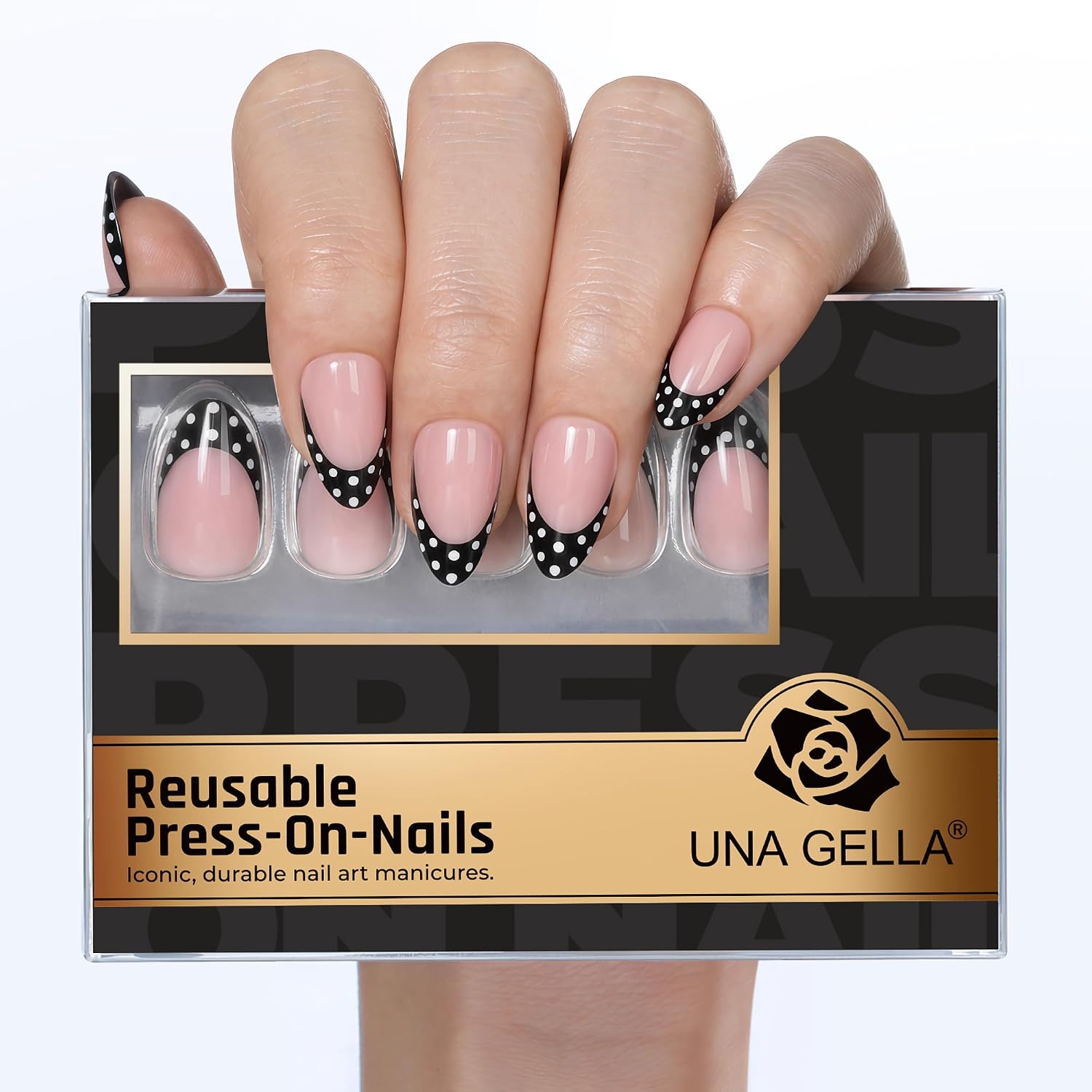 Thumbnail 2 de UNA GELLA 32-Piece Soft Gel Press-On Nails, Almond French Tips with Black Dots