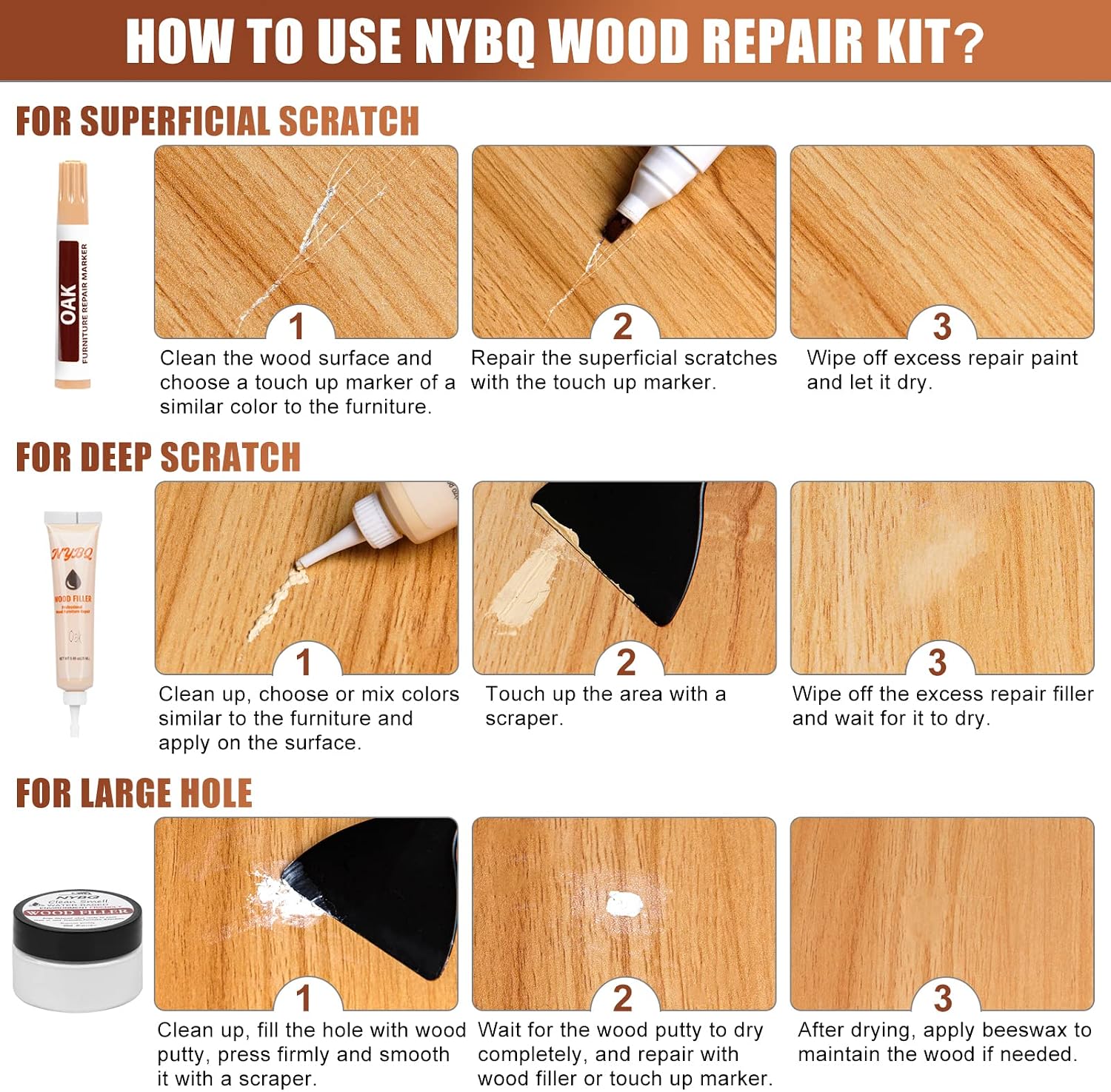 Detalle de NYBQ Wood Furniture Repair Kit, 41-Piece Wood Filler and Touch-Up Set, 20 Colours