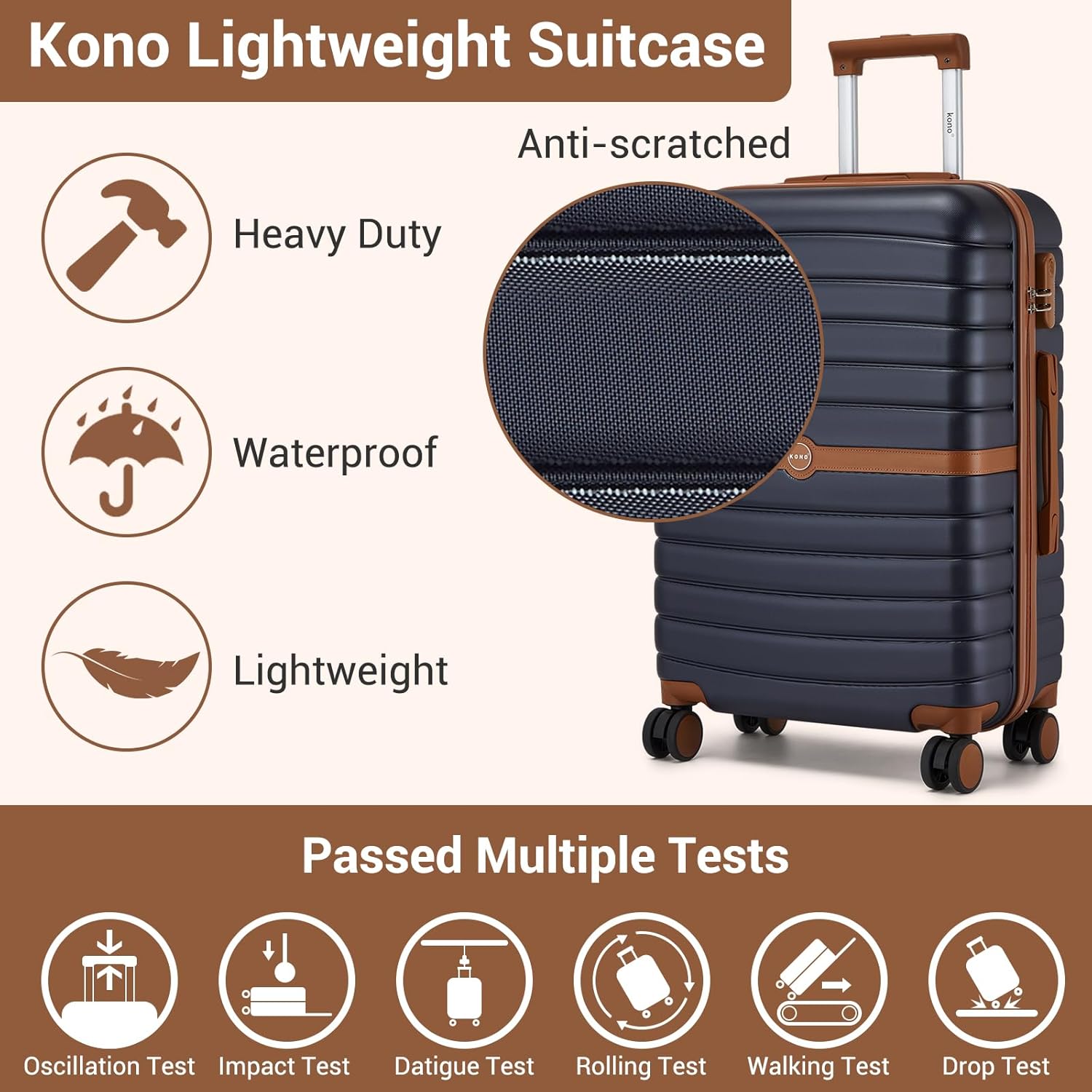 Detalle de Kono Cabin Suitcase 55x40x20 Lightweight ABS+PC Hard Shell Carry-On (Navy/Brown)