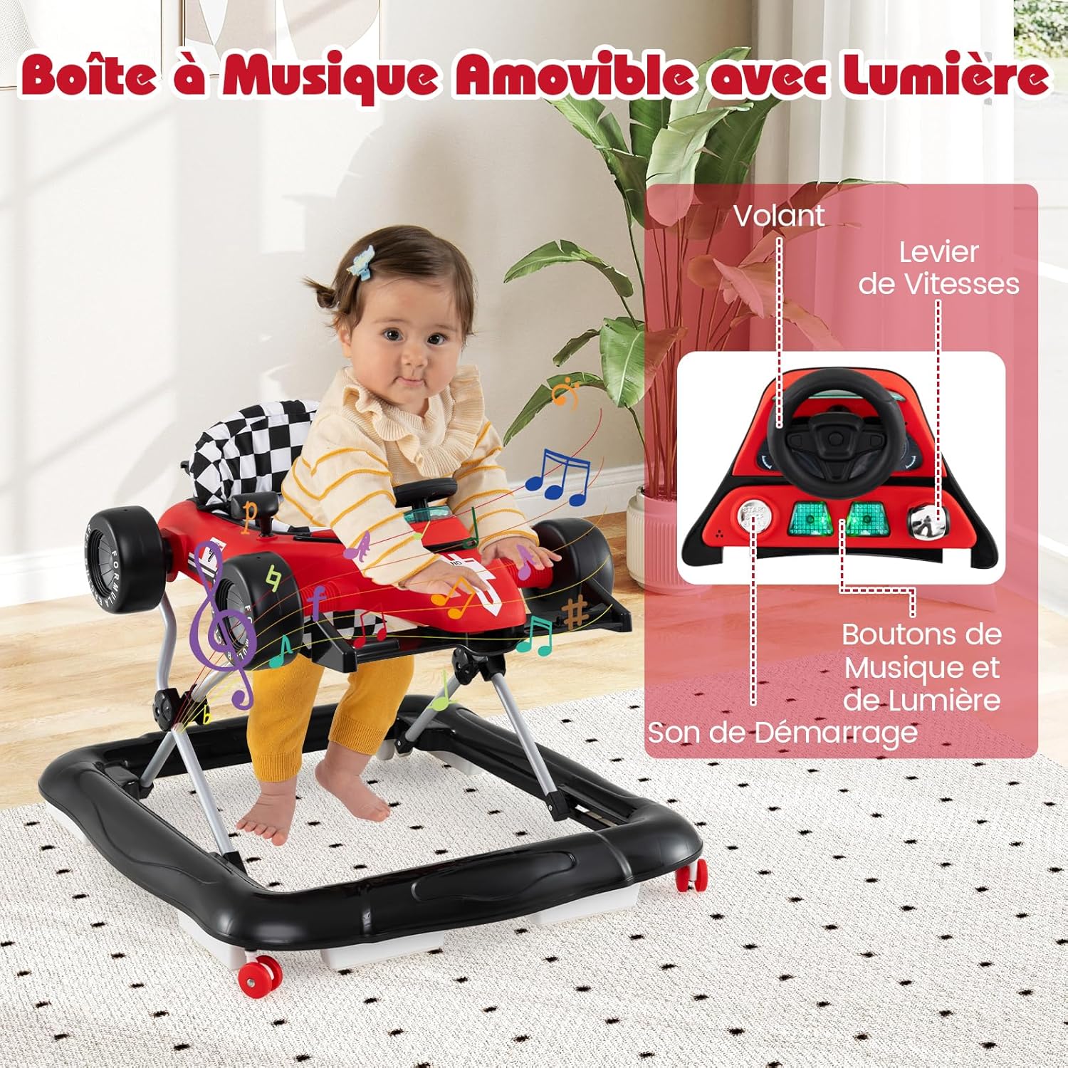 Thumbnail 4 de GOPLUS Trotteur bébé garçon 4 en 1 pliable, 3 hauteurs réglables (rouge) – musique et lumières