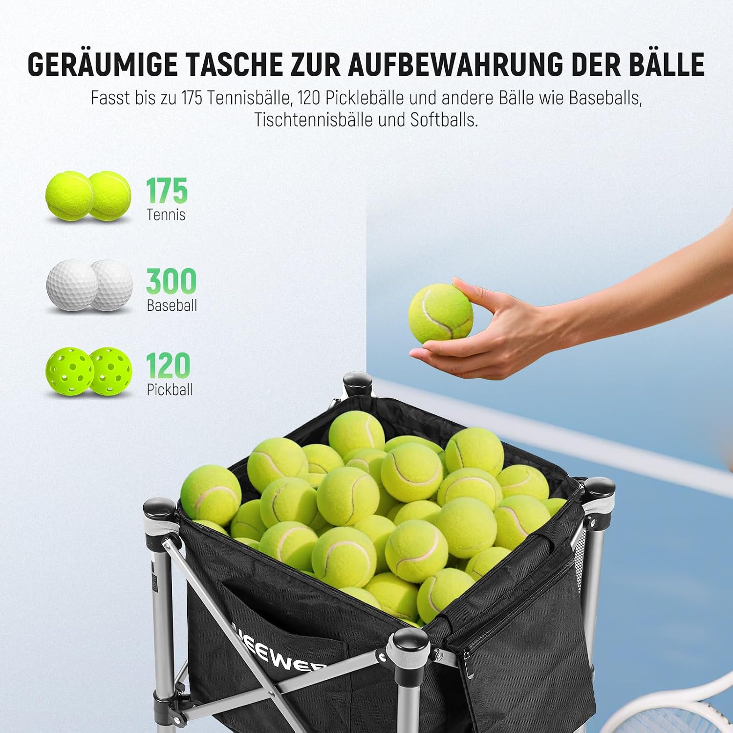 Detalle de NEEWER Tennisball Hopper – rollbarer Ballbehälter für Training und Unterricht