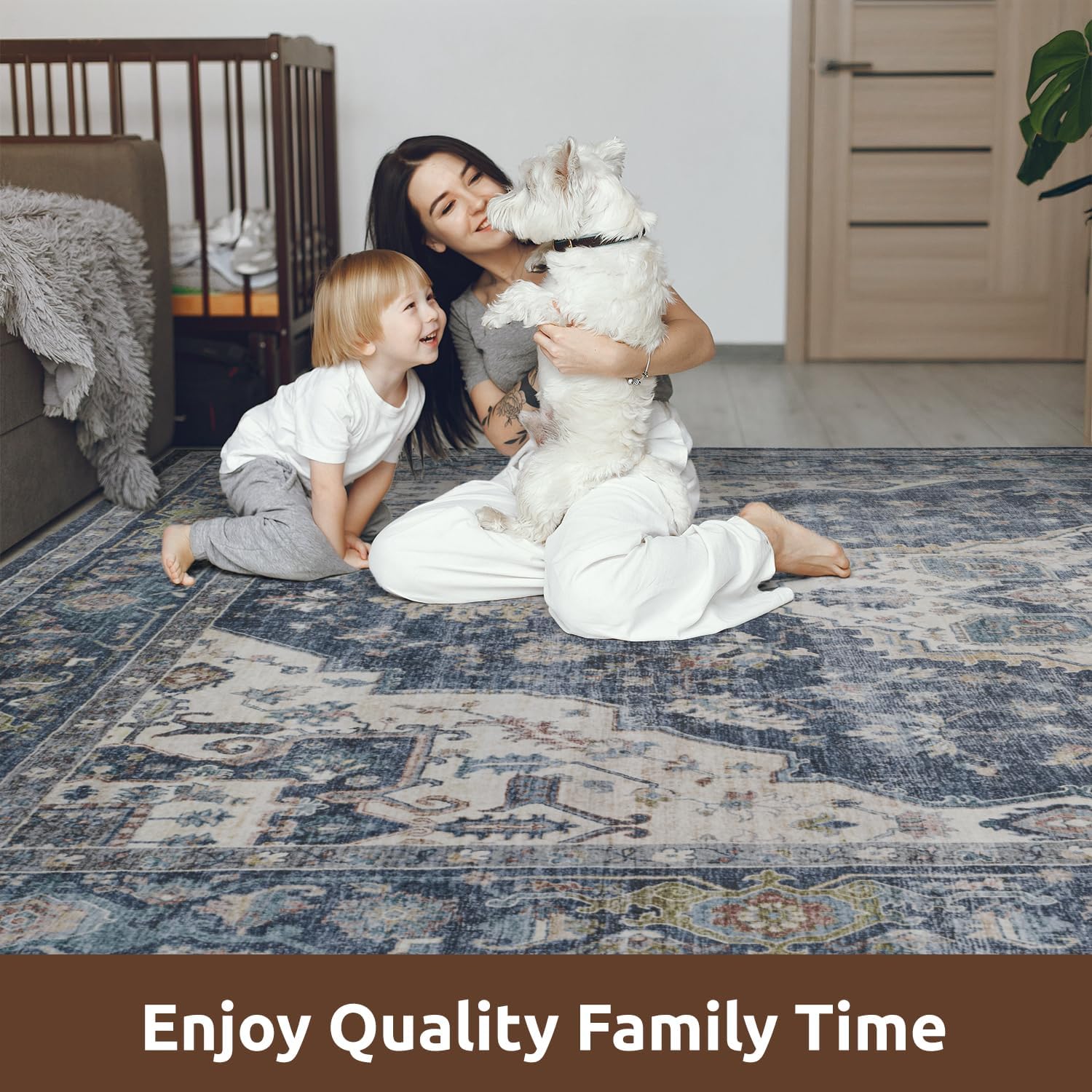 Thumbnail 5 de AMOAMI 9x12 Vintage Soft Blue Area Rug with Non-Slip Backing (Washable)