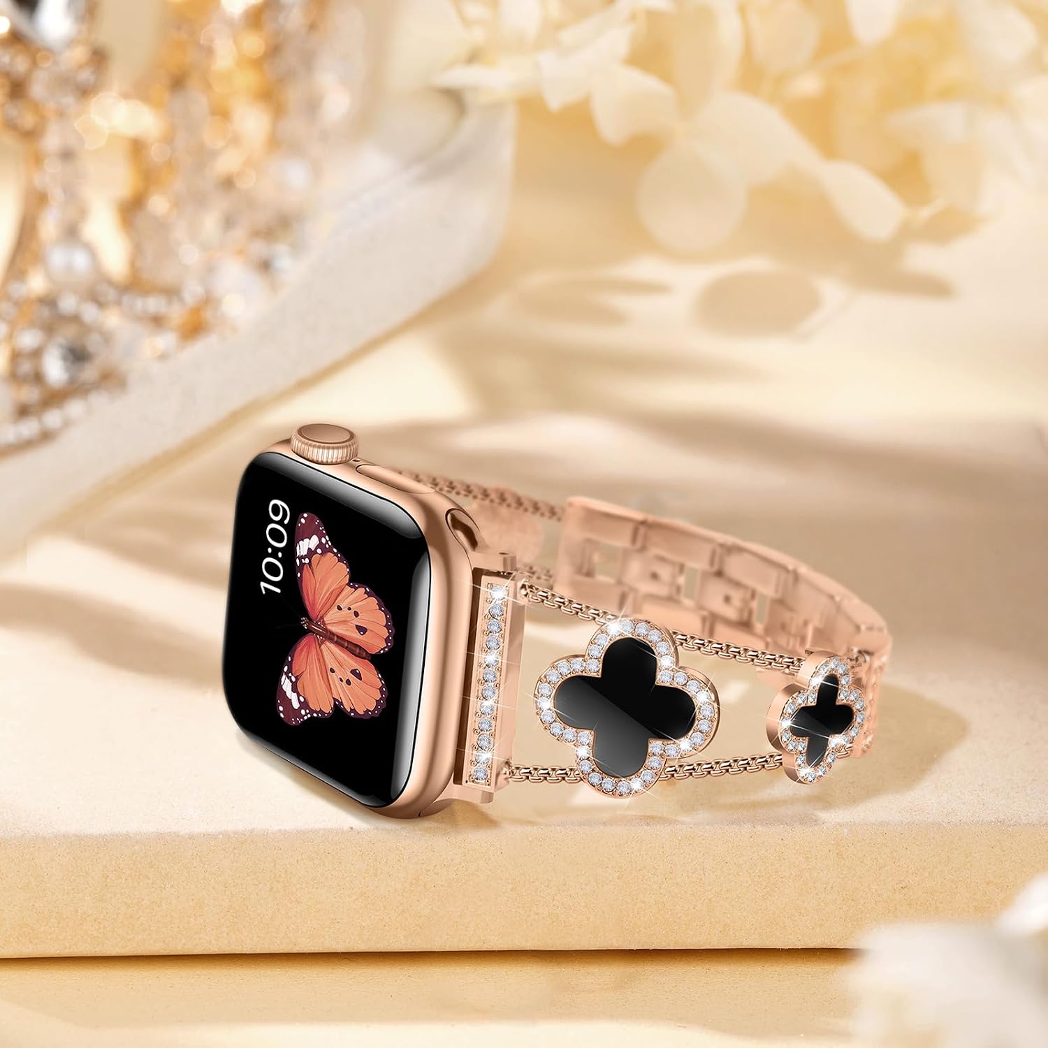 Detalle de Tasikar Bling Diamond Women Straps for Apple Watch 42–49mm (Rose Gold/Black)