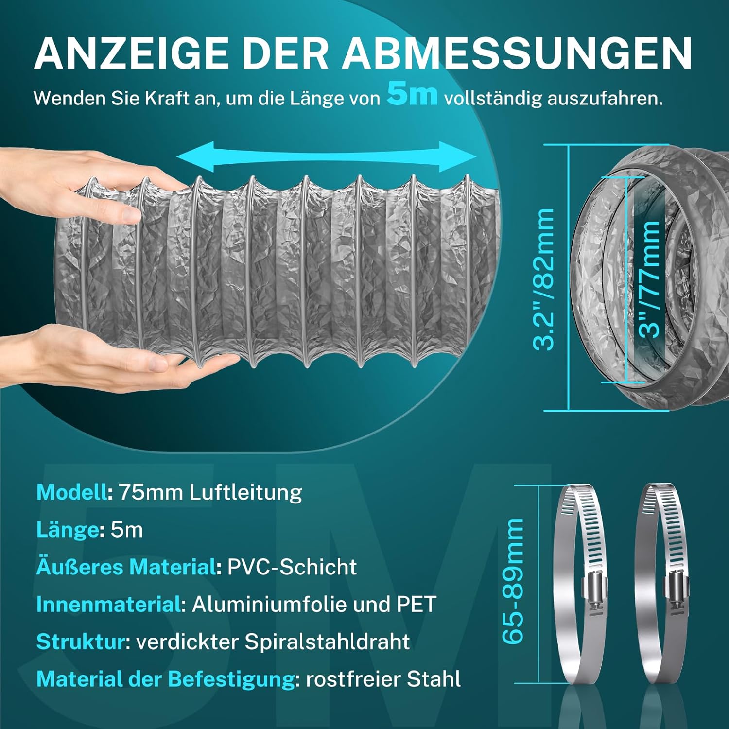 Thumbnail 1 de HG Power 75 mm Abluftschlauch (5 m) flexibles PVC/Alu-Rohr mit Edelstahlklemmen für Abluft, Trockner & mobile Klimaanlage
