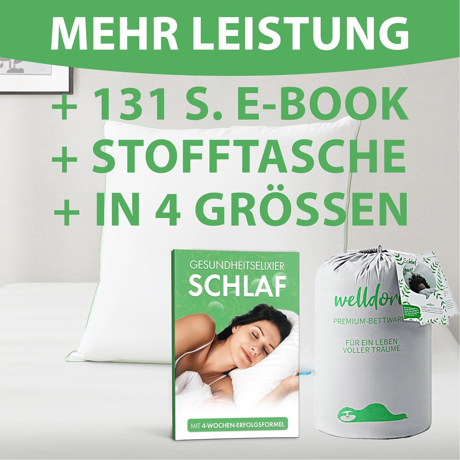 Detalle 2 de Welldora Premium Kopfkissen 50x70 mit 3-Kammer-Bauweise – mittelfestes Nackenstützkissen aus natürlichen Daunenfasern & Federn