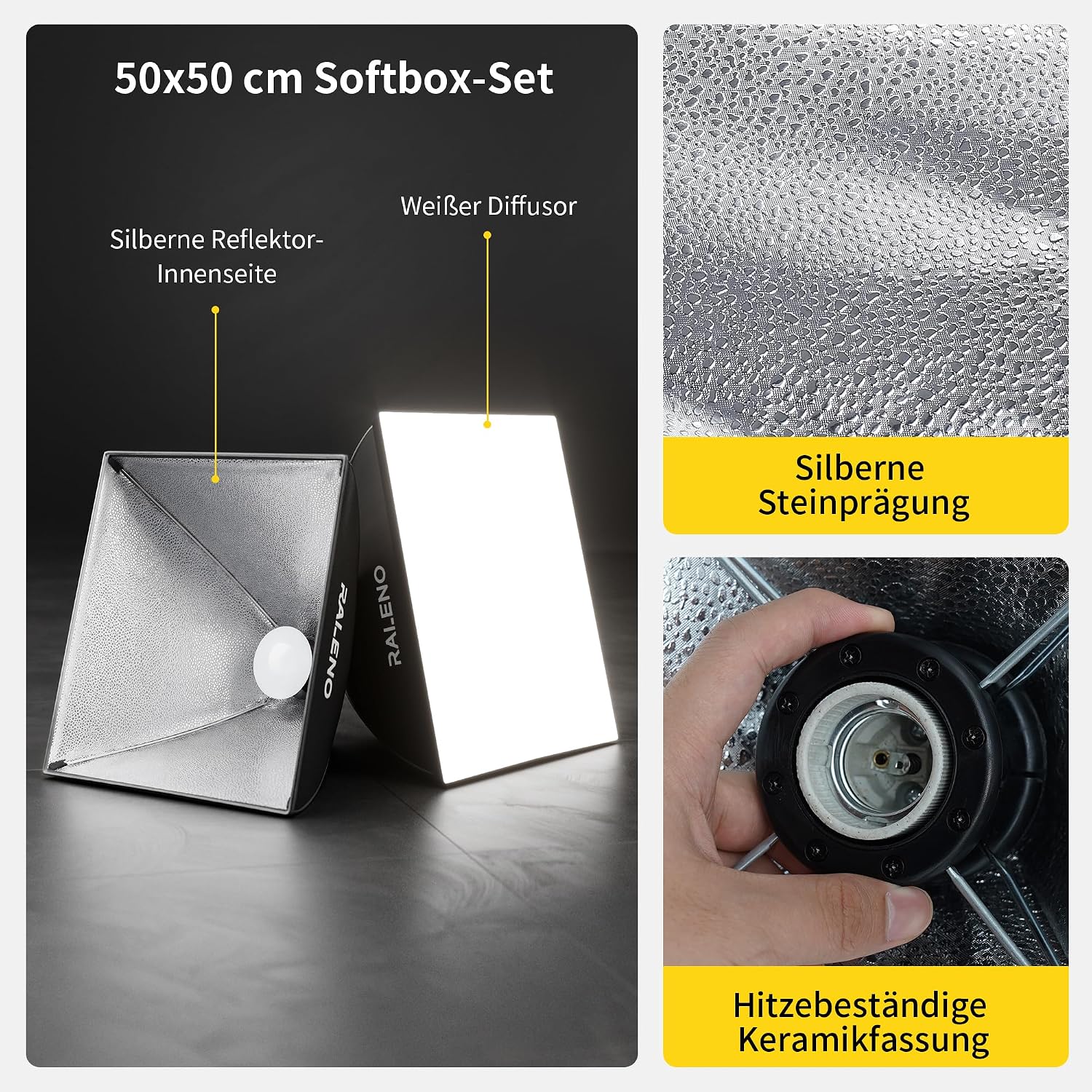Detalle 2 de RALENO Softboxen 2×50 W LED Fotostudio-Set mit 50×50 cm Beleuchtung