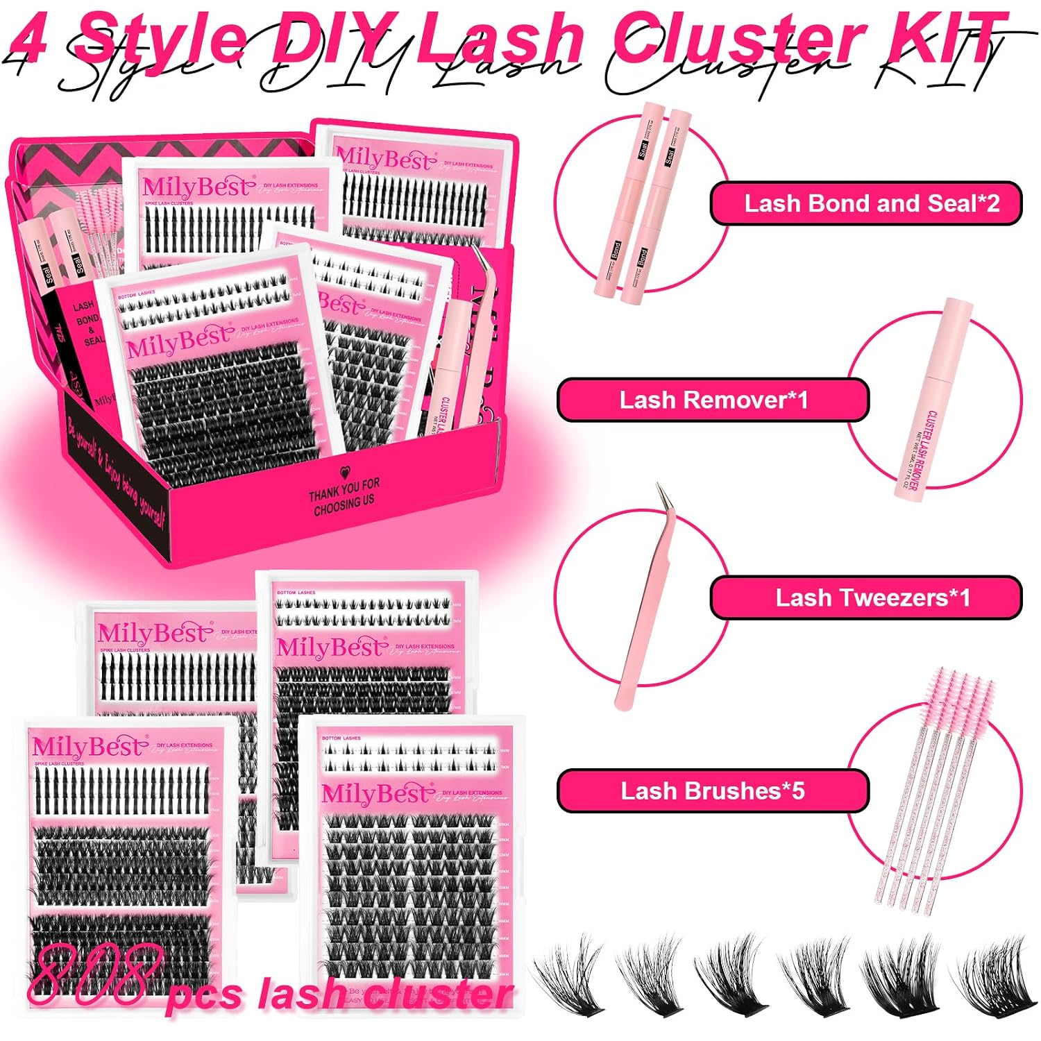 Thumbnail 1 de MilyBest Lash Clusters Kit (808 pcs) with D Curl, 4 Styles + Dual-ended Lash Glue & Tools