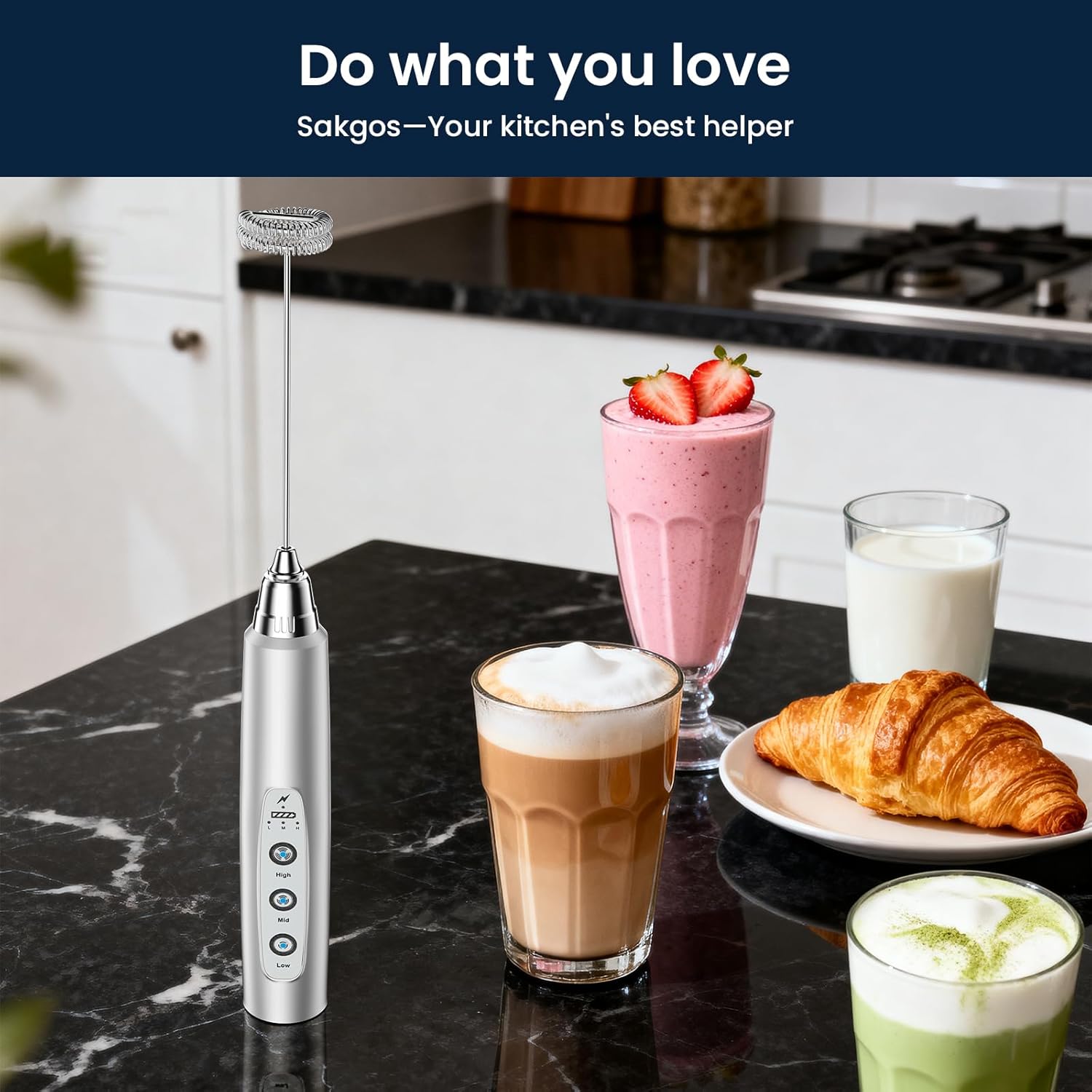 Thumbnail 5 de Sakgos Rechargeable Handheld Milk Frother Wand (3 Speeds, Type-C, 3 Stainless Whisks)