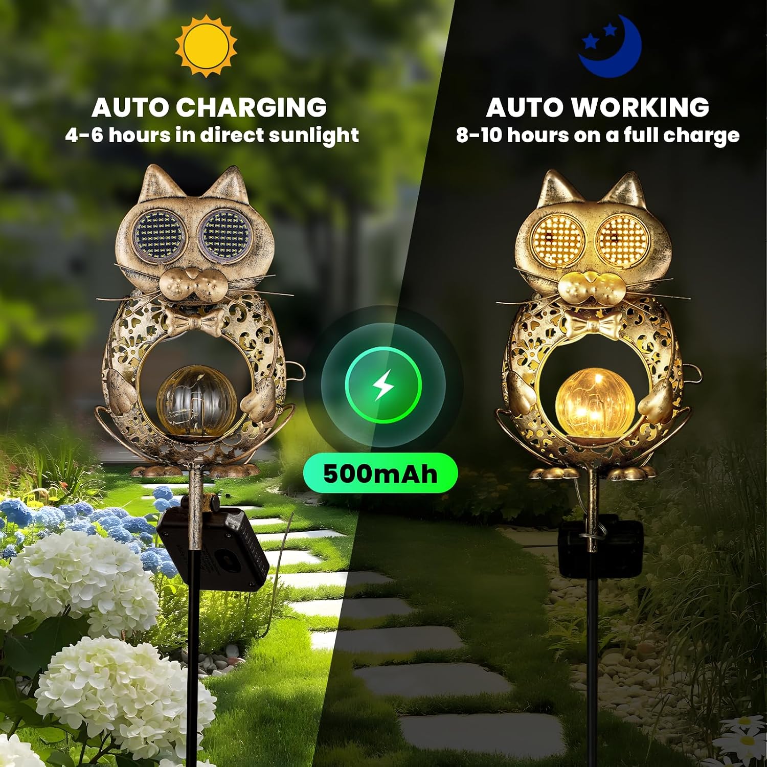 Detalle de Global Golden Solar Cat Garden Light with Auto On/Off, 2 LED Modes and IP55 Weatherproofing