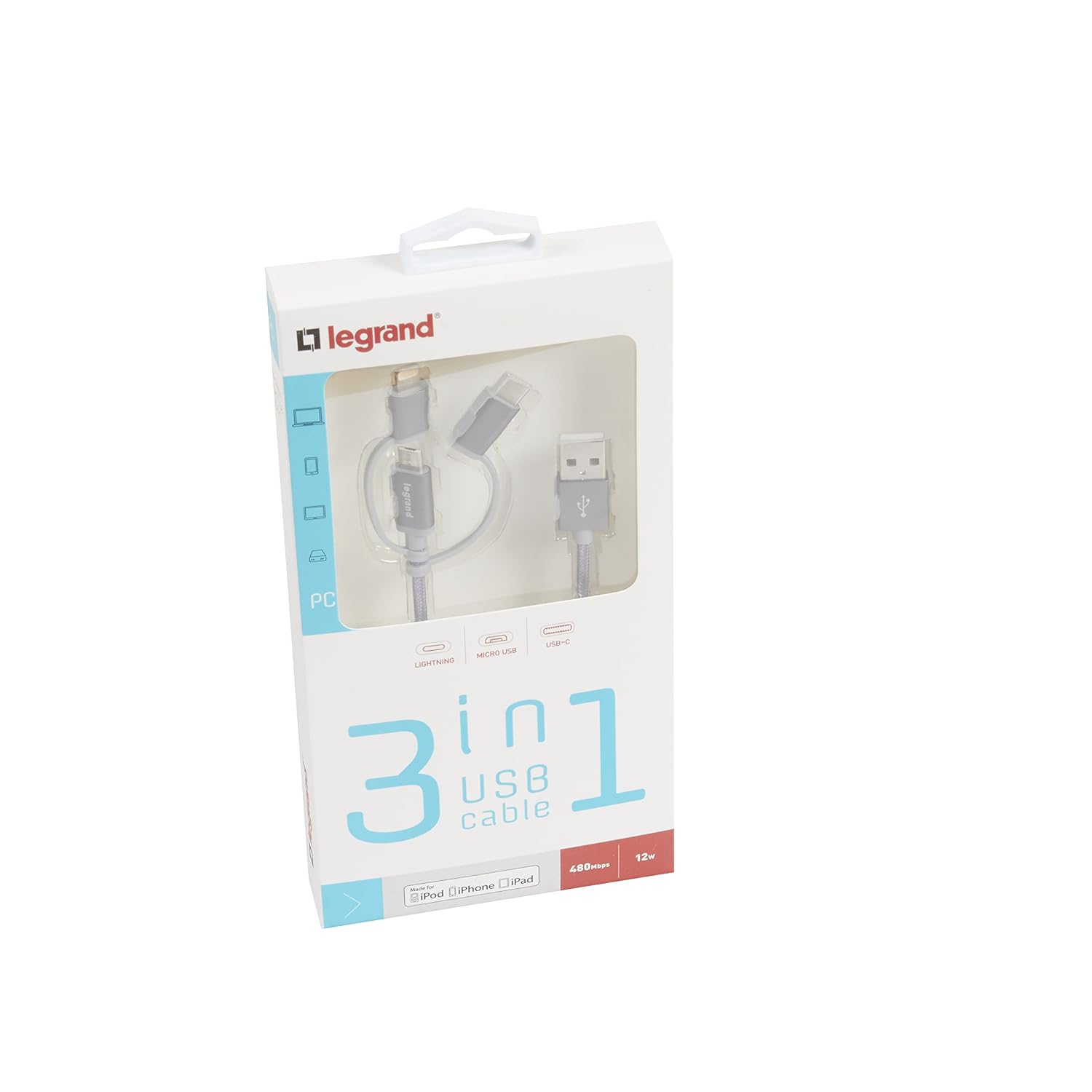 Detalle de Legrand Cordon USB Type-A vers micro USB, USB-C ou Lightning — câble multi-connecteur 1,2 m