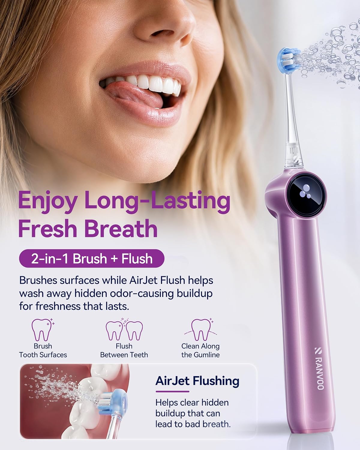 Thumbnail 5 de RANVOO AirJet X5 Sonic Electric Toothbrush (AirJet jet-flow, 60-day rechargeable, 3 brush heads)